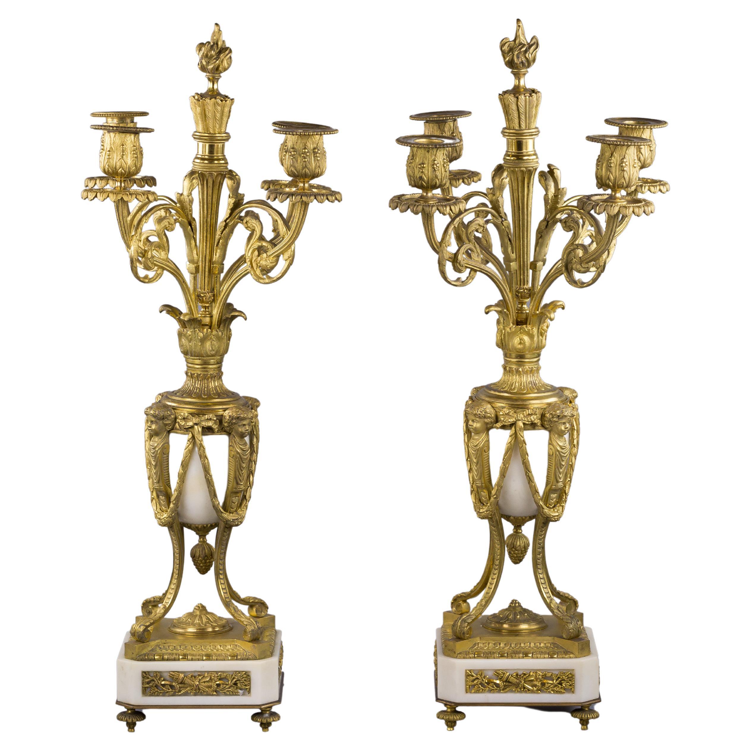 Pair of French Bronze and Marble Candelabras, circa 1860 For Sale
