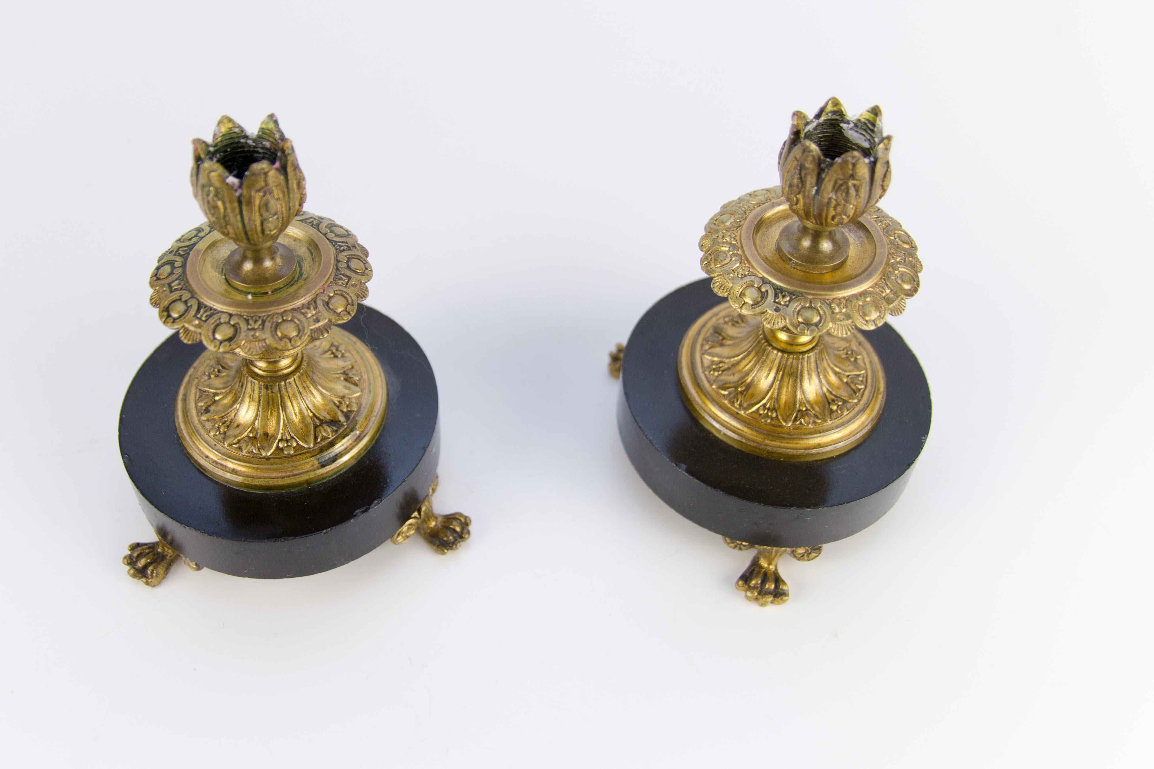 A pair of small but fine French bronze and marble candlesticks from the late 19th century.
In a good antique condition, slight age-related signs of wear – some small chips on marble. Please view the pictures as they form a part of the