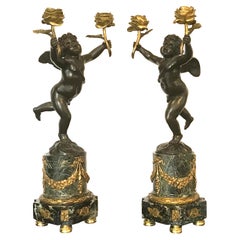 Pair of French Bronze and Marble Louis XVI Clodion Style Candelabras
