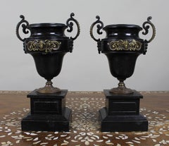 Pair of French Bronze and Marble Urns
