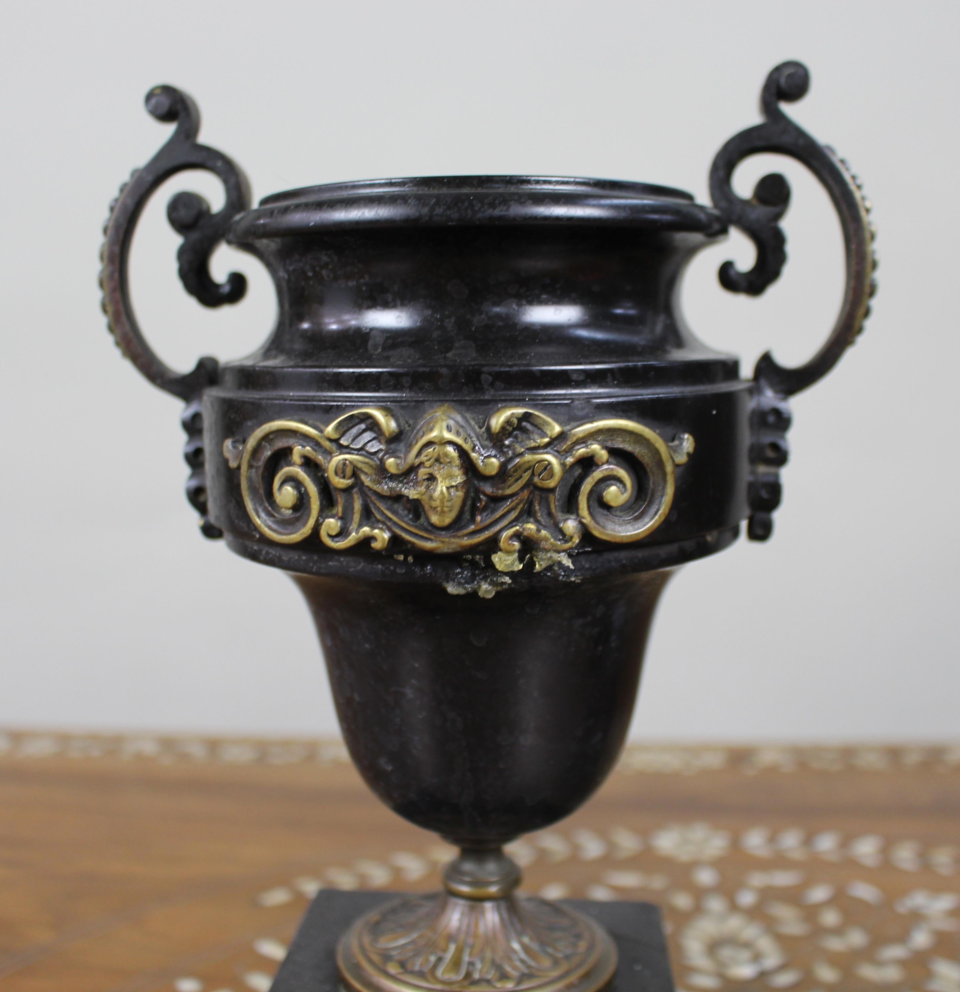19th Century Pair of French Bronze and Marble Urns For Sale
