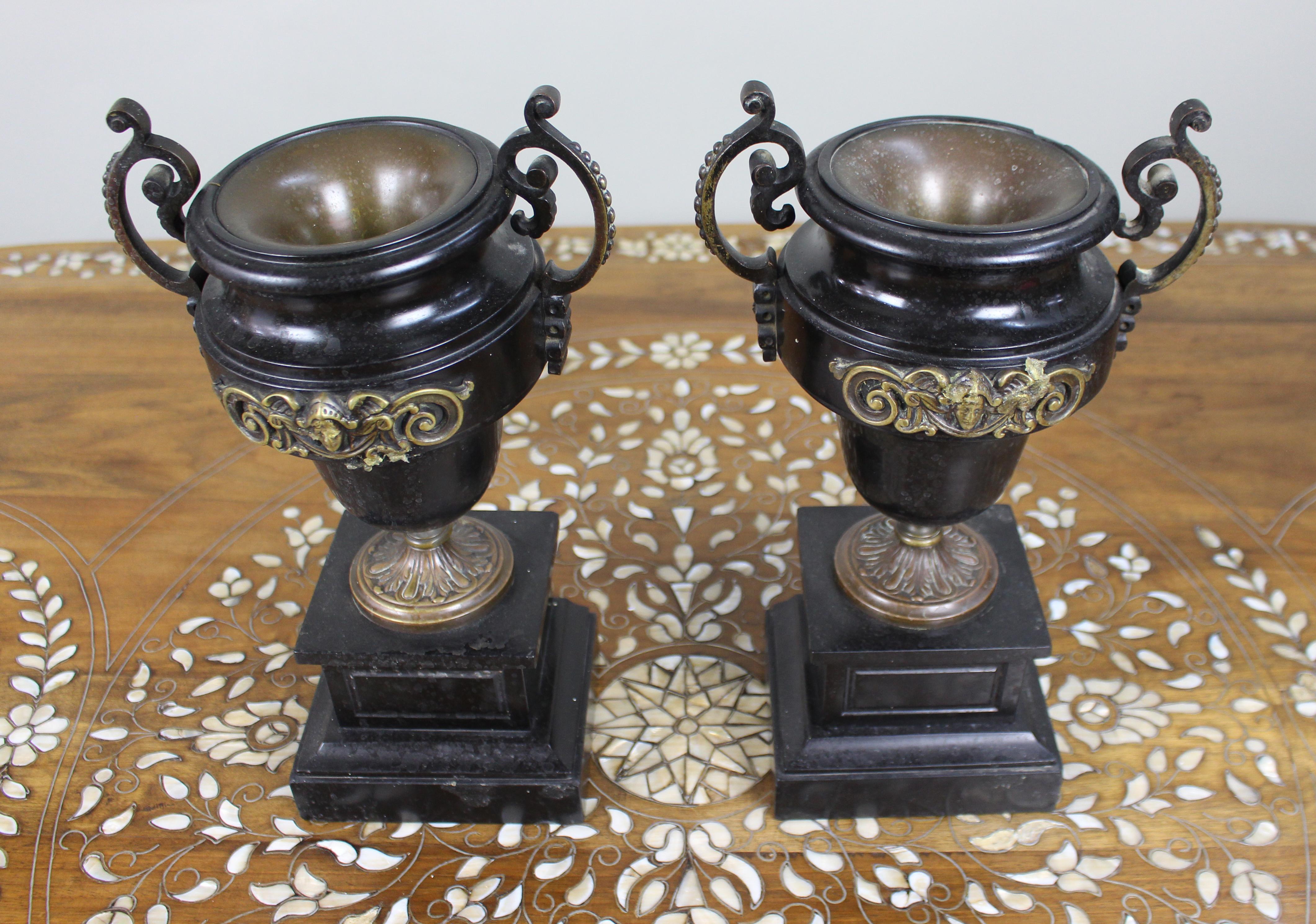 Pair of French Bronze and Marble Urns For Sale 2