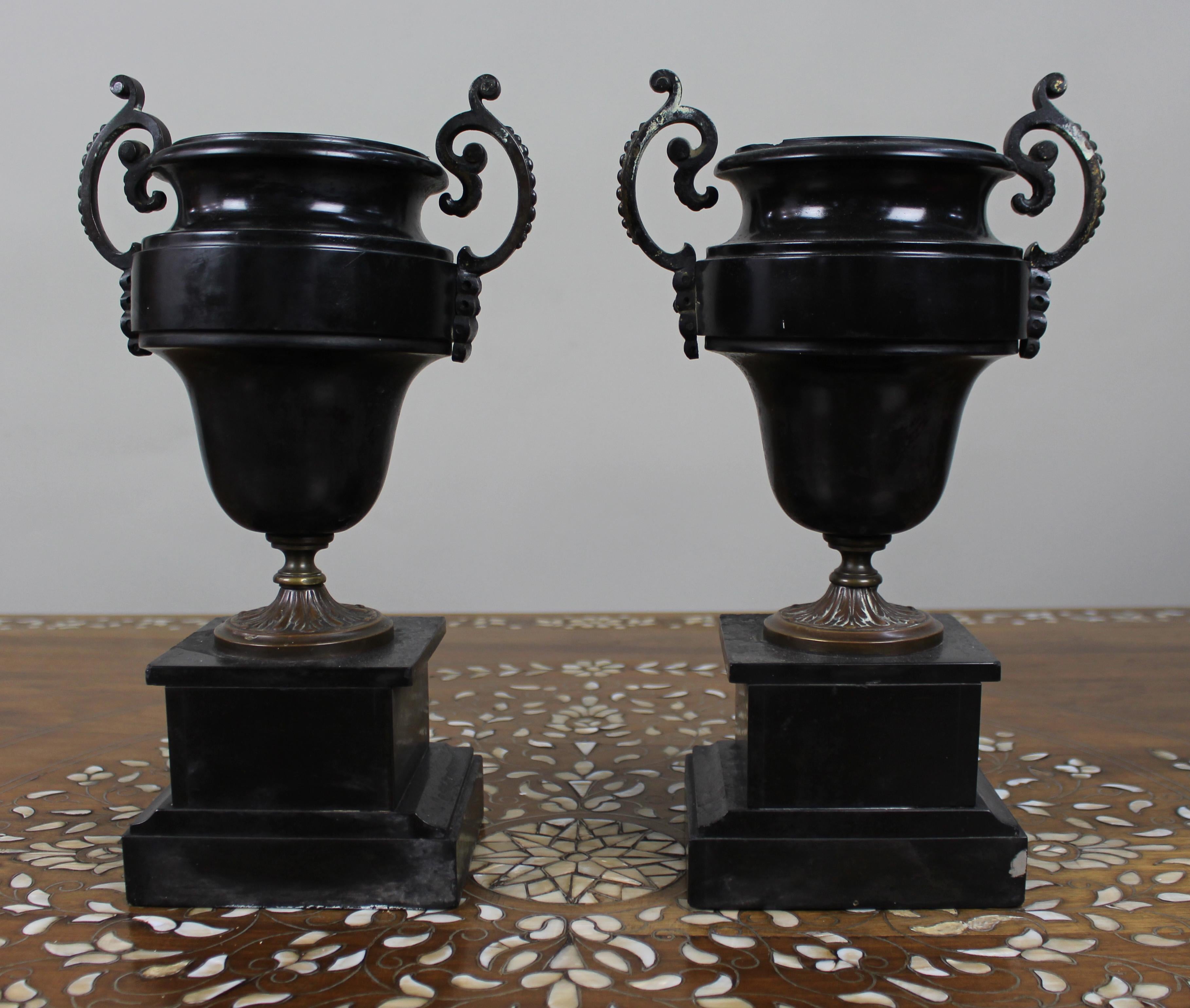 Pair of French Bronze and Marble Urns For Sale 3