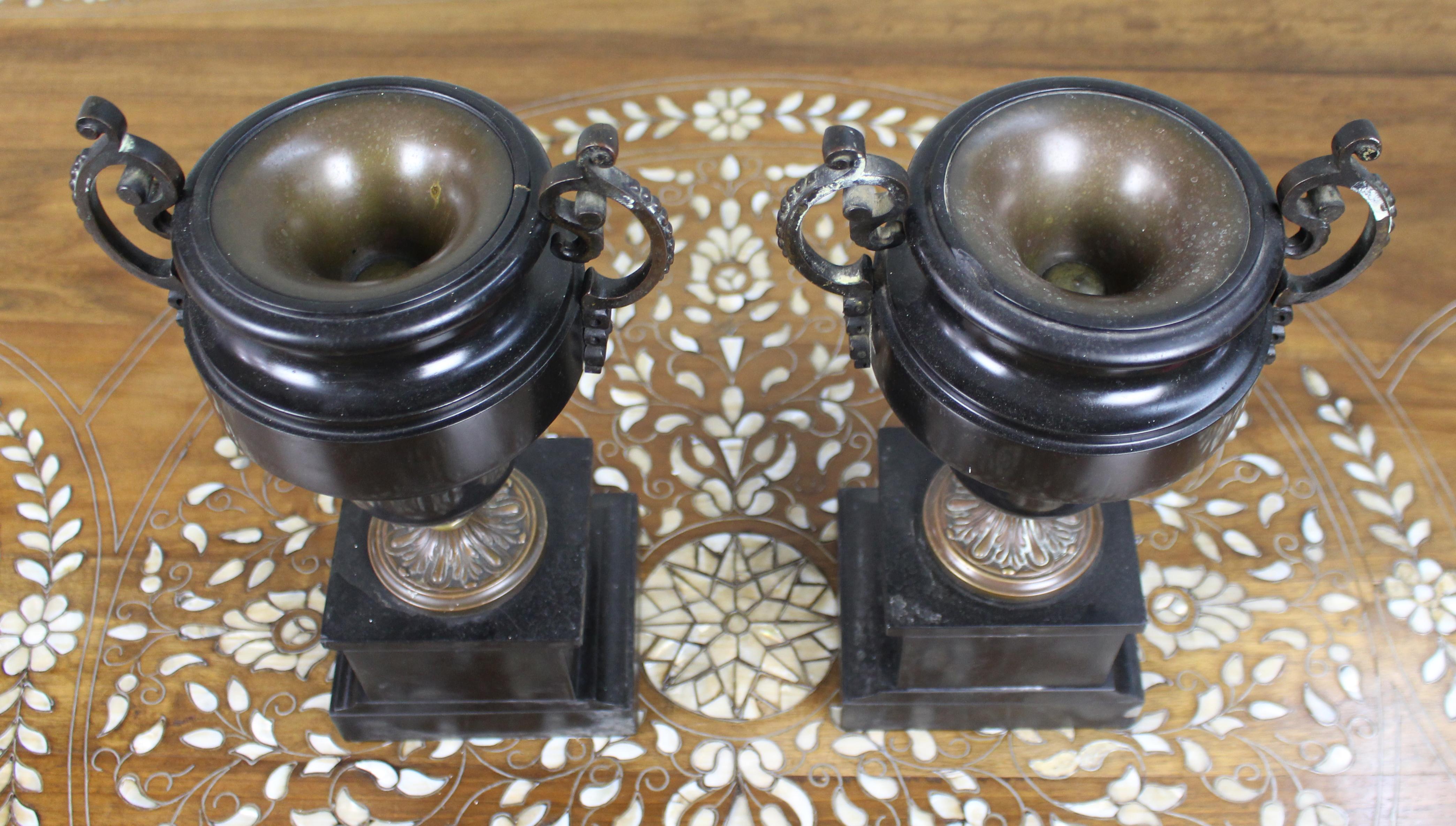 Pair of French Bronze and Marble Urns For Sale 4