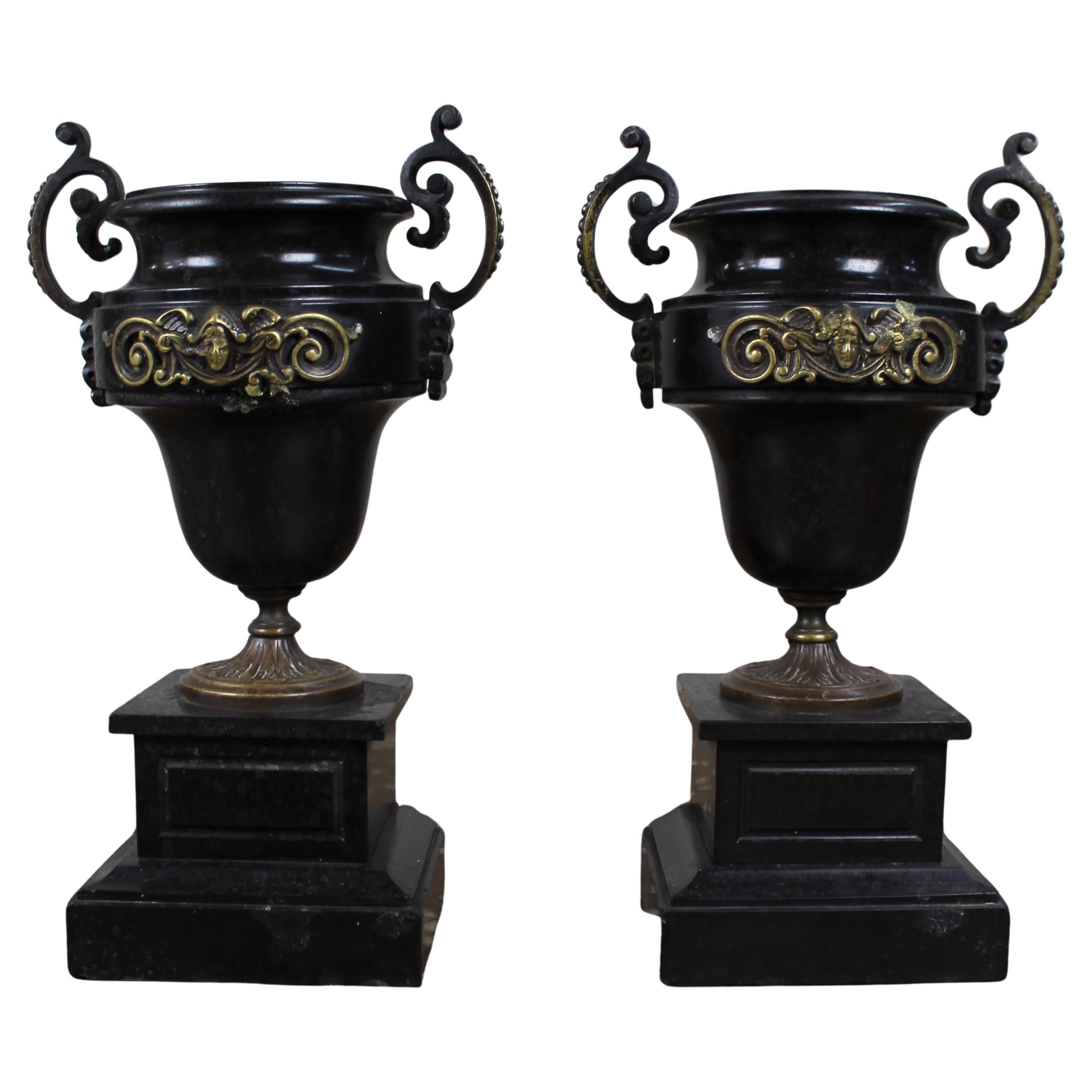Pair of French Bronze and Marble Urns