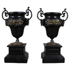 Pair of French Bronze and Marble Urns