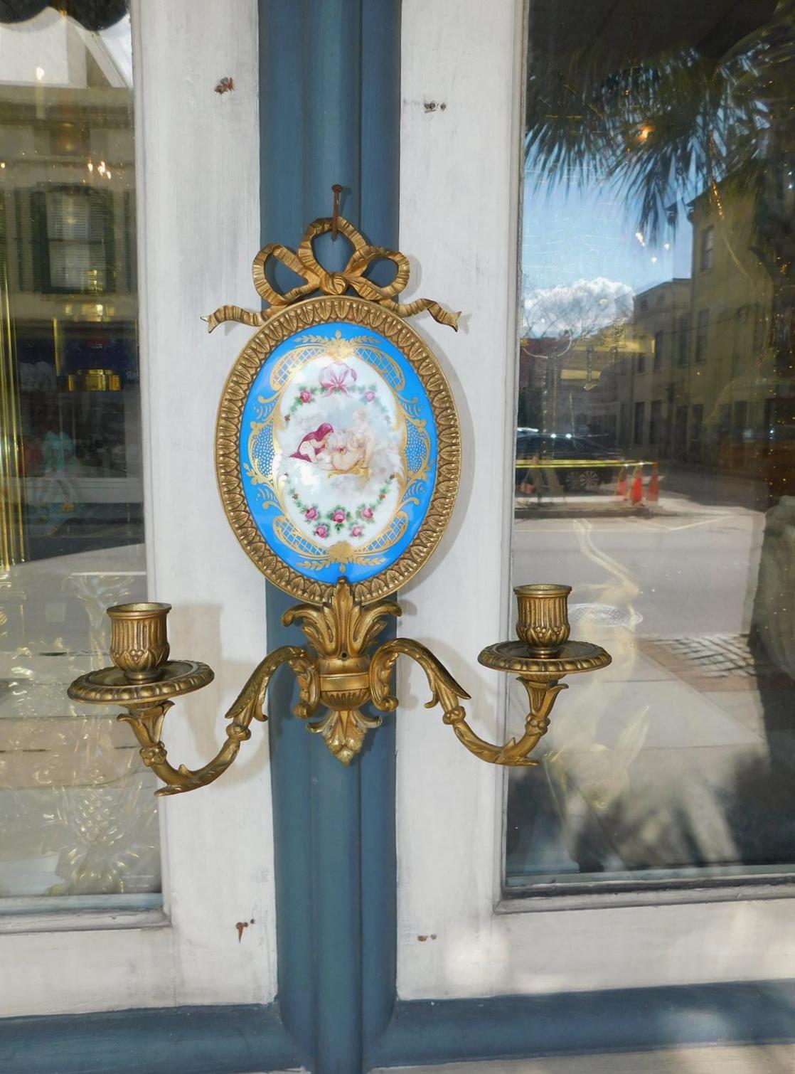 Pair of French Bronze and Porcelain Sevres Foliage Ribbon Wall Sconces, C. 1820 In Excellent Condition For Sale In Hollywood, SC