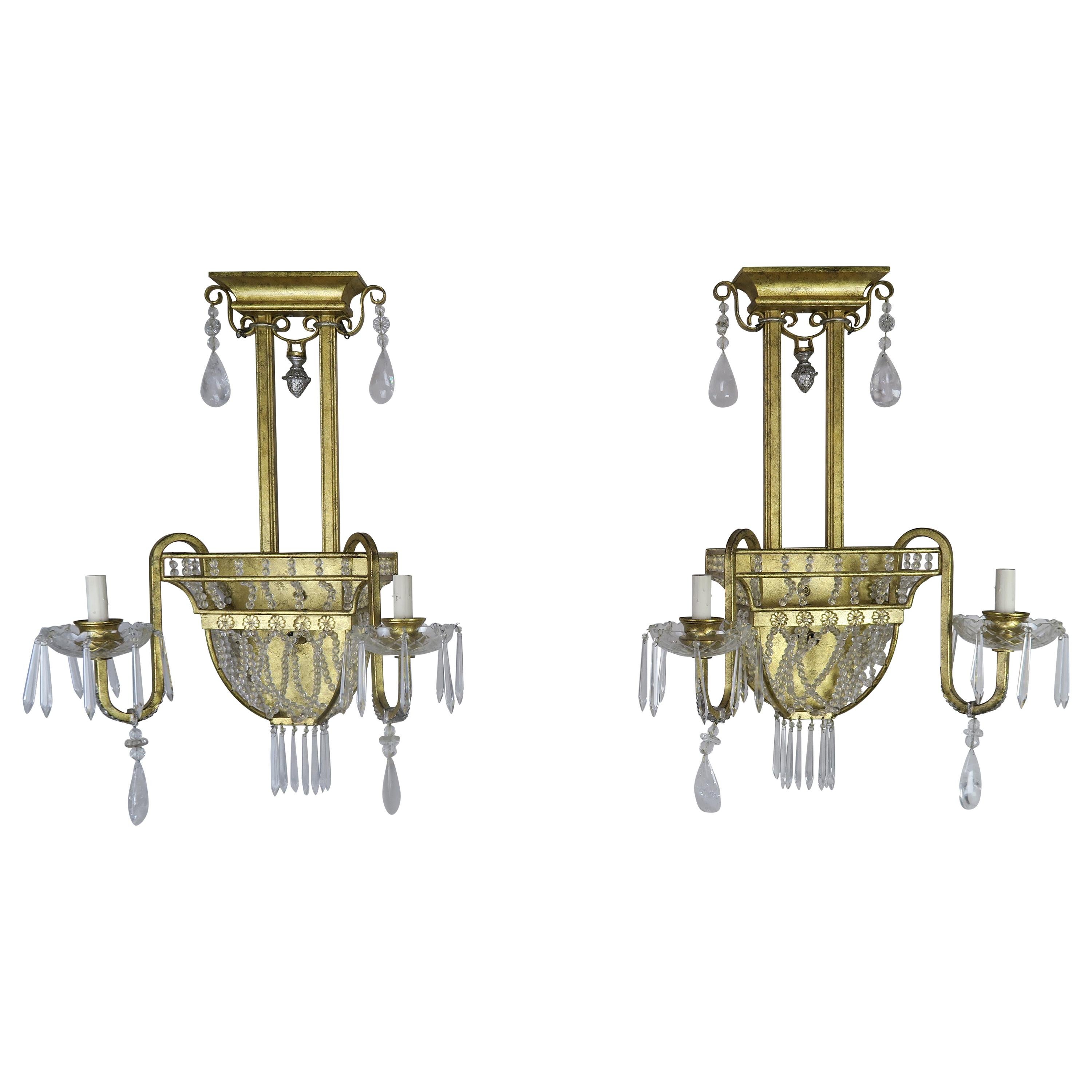 Coppia di lampade a 2 luci in bronzo francese e cristallo di rocca