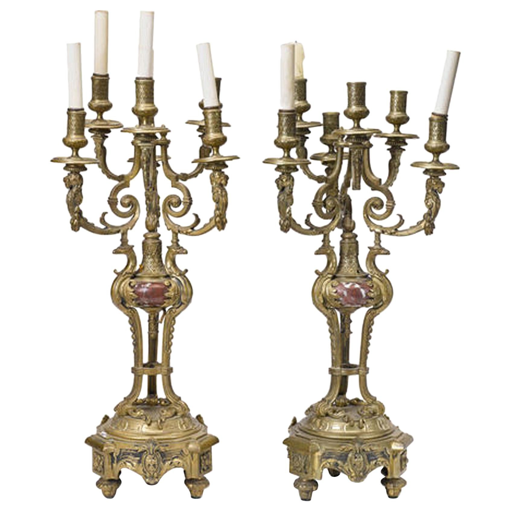 Pair of French Bronze and Rouge Marble Candelabra, 19th Century