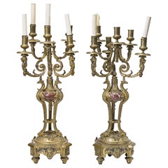 Pareja de candelabros franceses de bronce y mármol rojo, S. XIX
