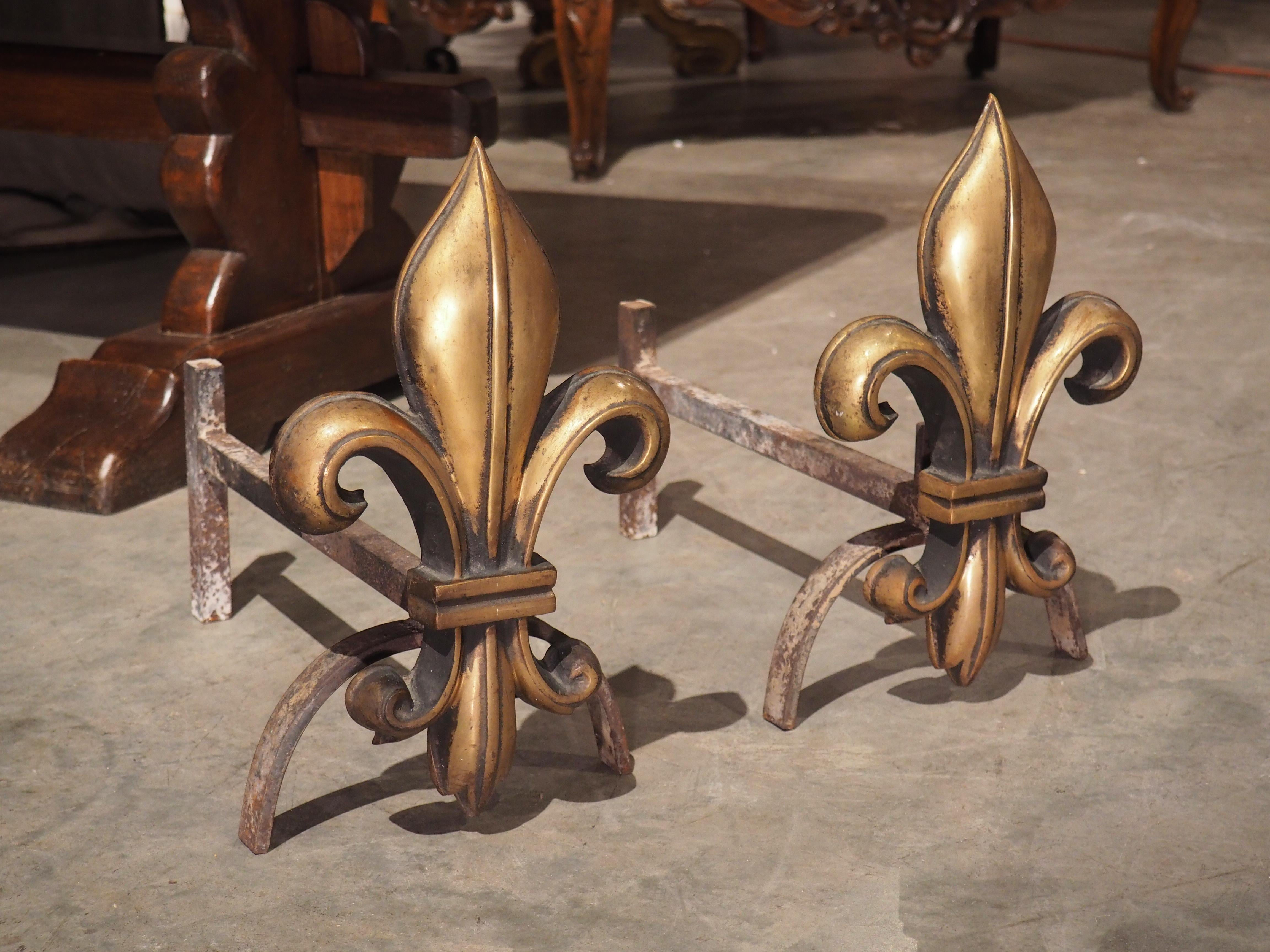 Pair of French Bronze and Wrought Iron Fleur De Lys Chenets, Circa 1920s For Sale 3