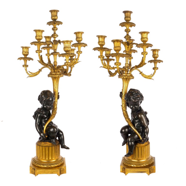 Gilt Pair of French Bronze Antique Putto Sculpture Candelabra Lamps, circa 1870-1890 For Sale