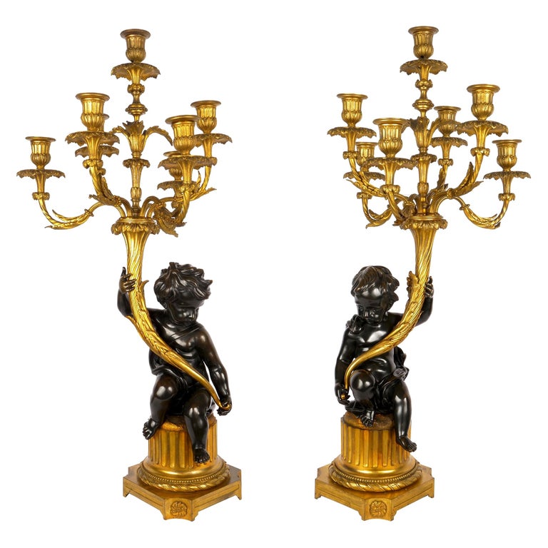 Pair of French Bronze Antique Putto Sculpture Candelabra Lamps, circa 1870-1890 For Sale