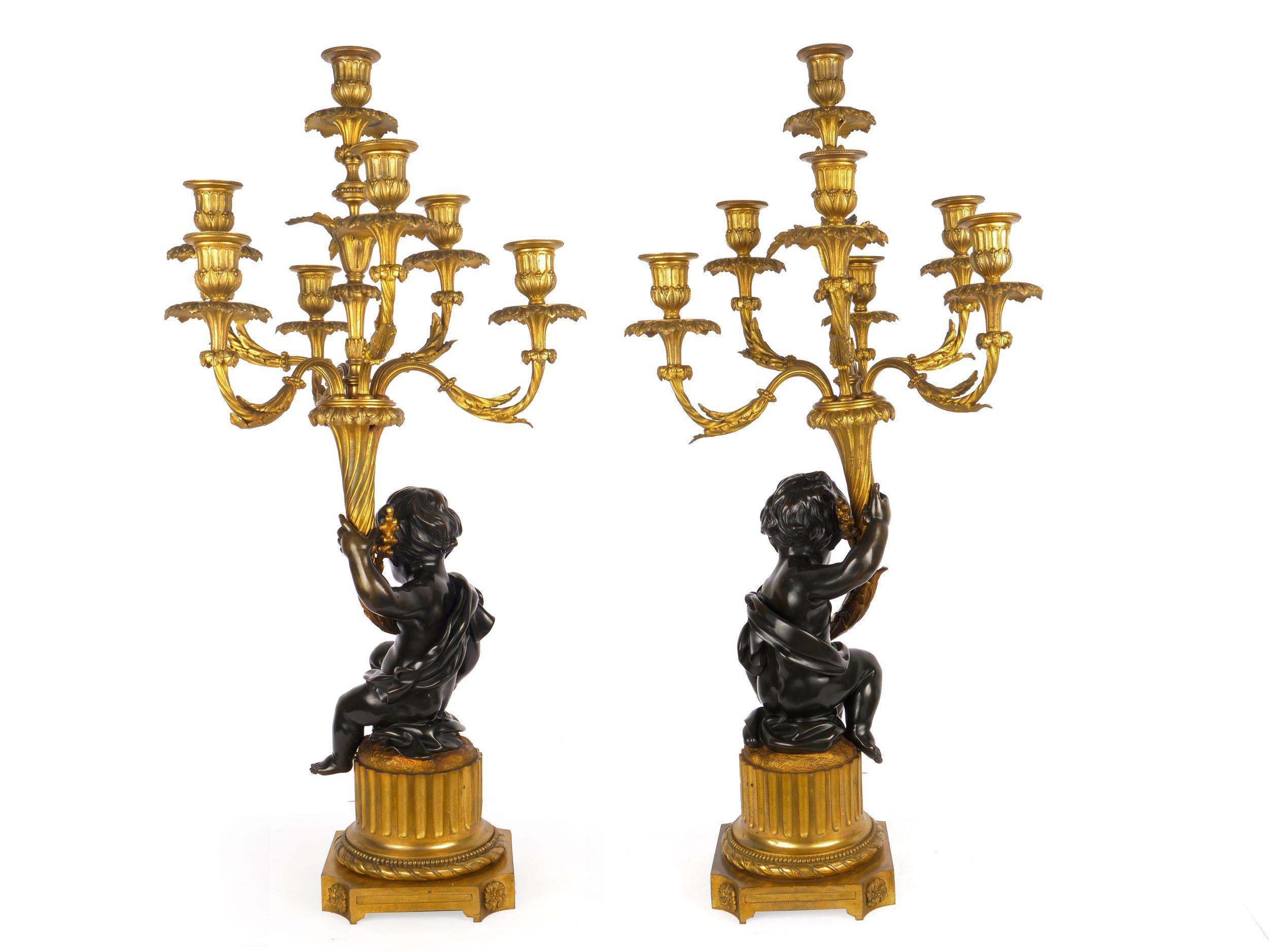 Gilt Pair of French Bronze Antique Putto Sculpture Candelabra Lamps, circa 1870-1890 For Sale
