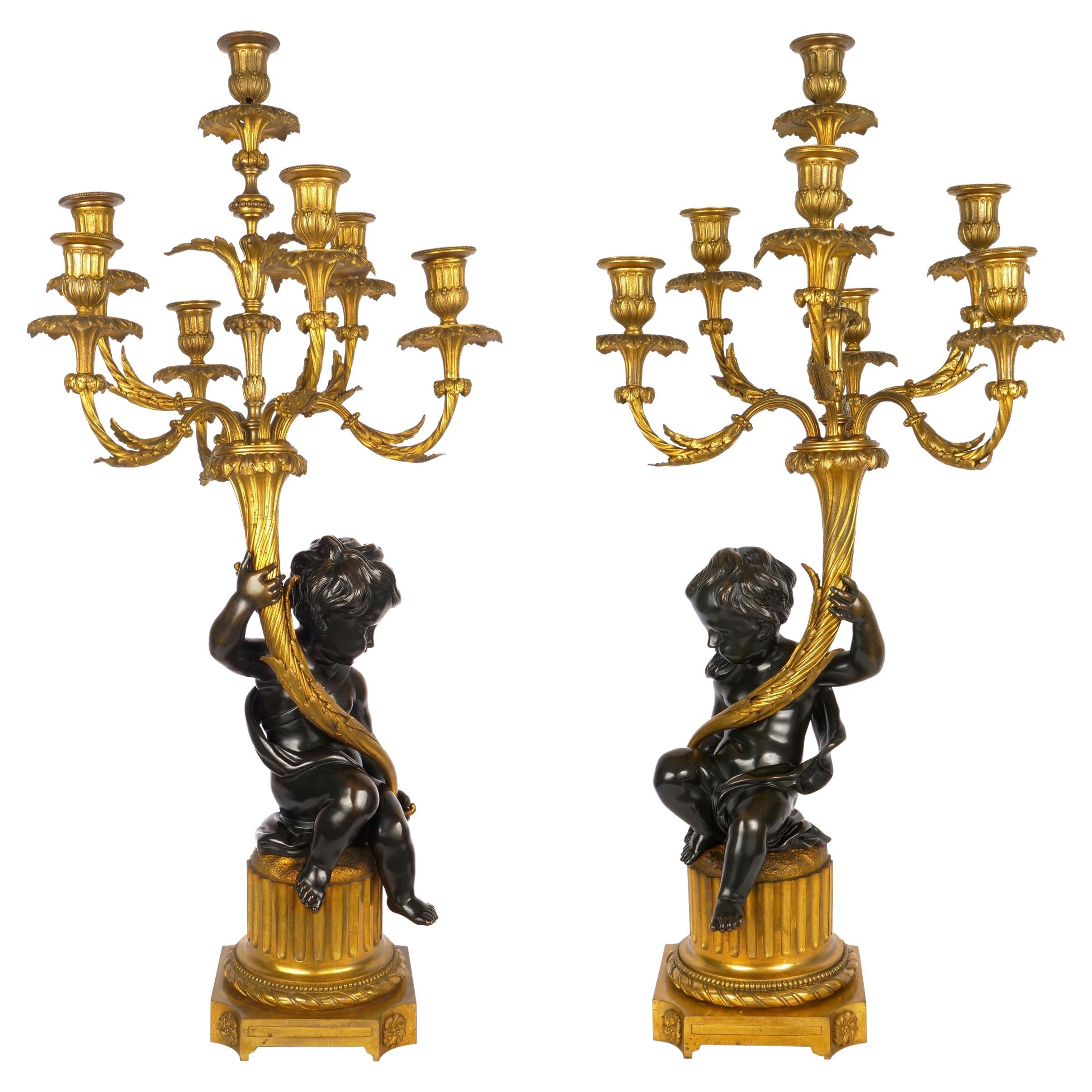Pair of French Bronze Antique Putto Sculpture Candelabra Lamps, circa 1870-1890 For Sale