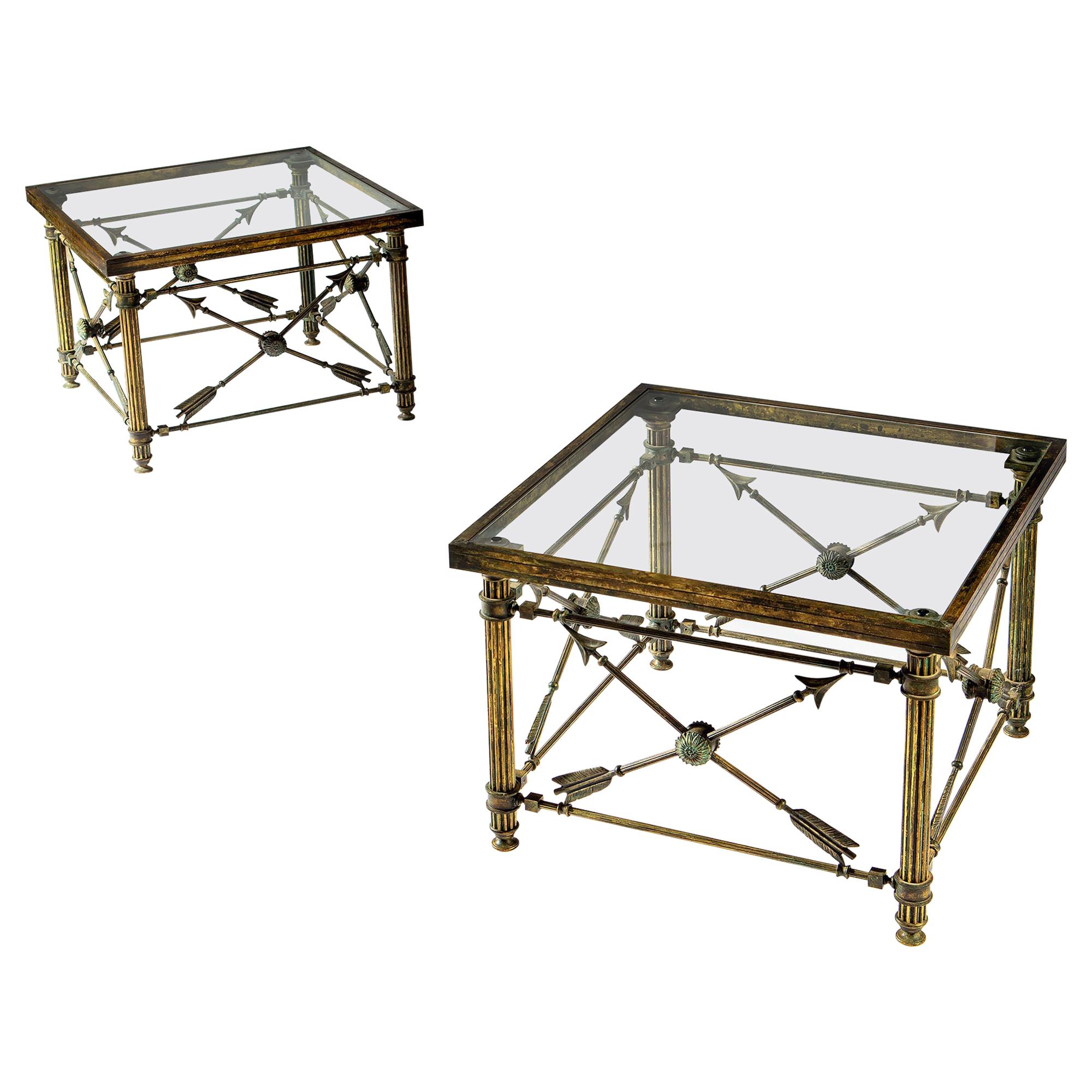 Pair of French Bronze Arrow Side Tables with Glass Tops