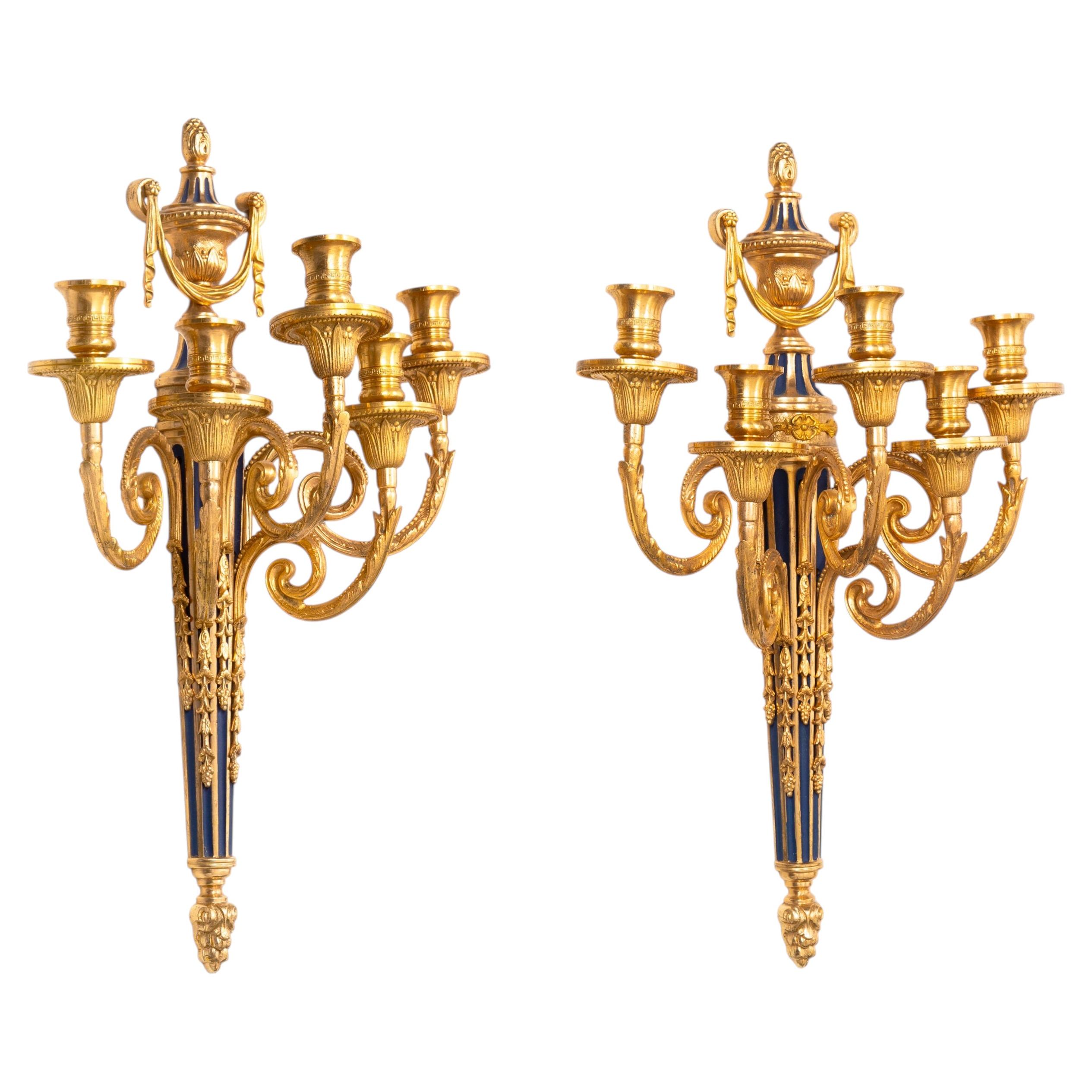 Pair of French Bronze Blue Painted Five-Light Antique Wall Sconces