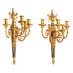 Pair of French Bronze Blue Painted Five-Light Antique Wall Sconces