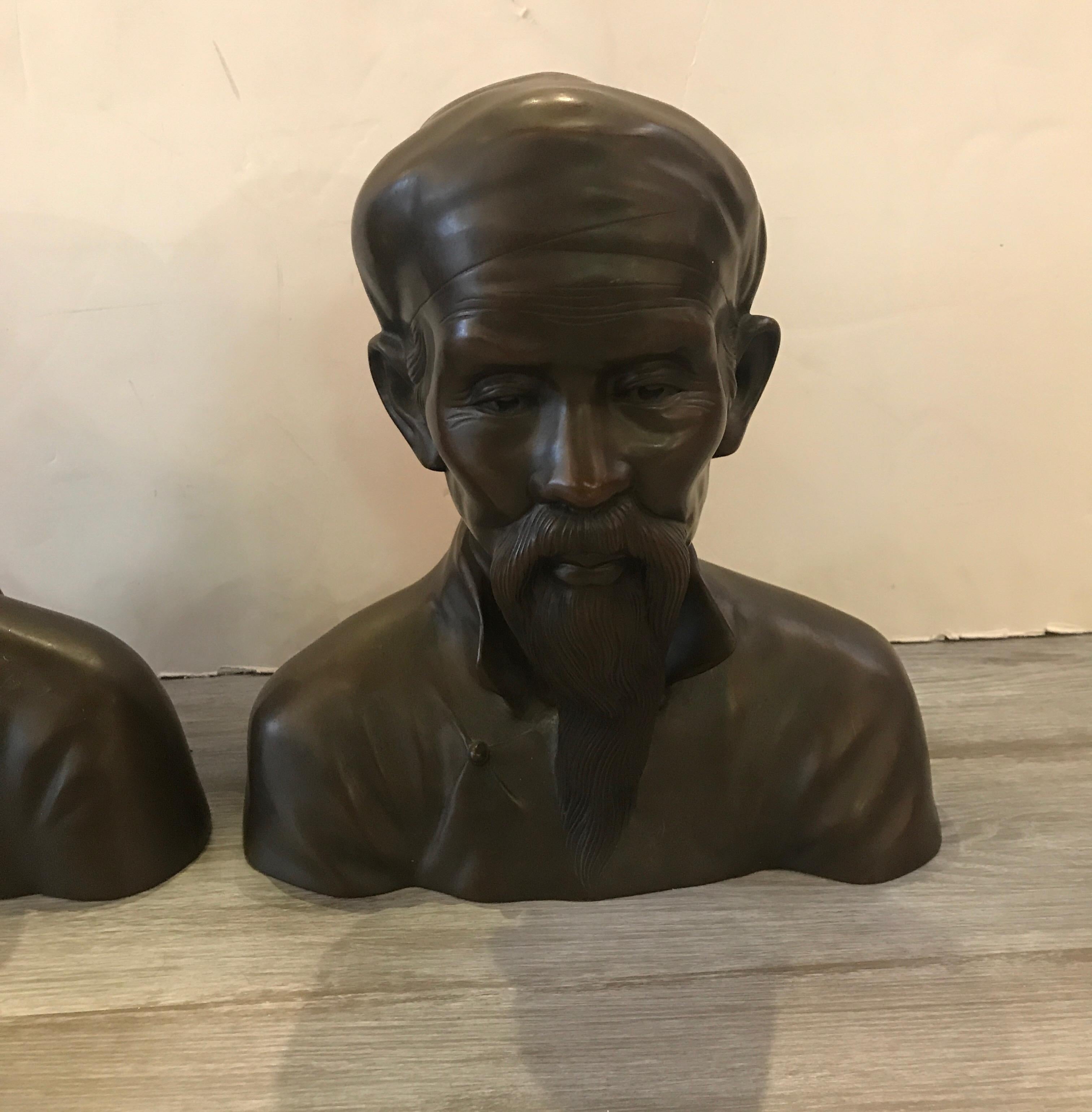 Chinoiserie Pair of French Bronze Busts of an Elderly Chines Couple