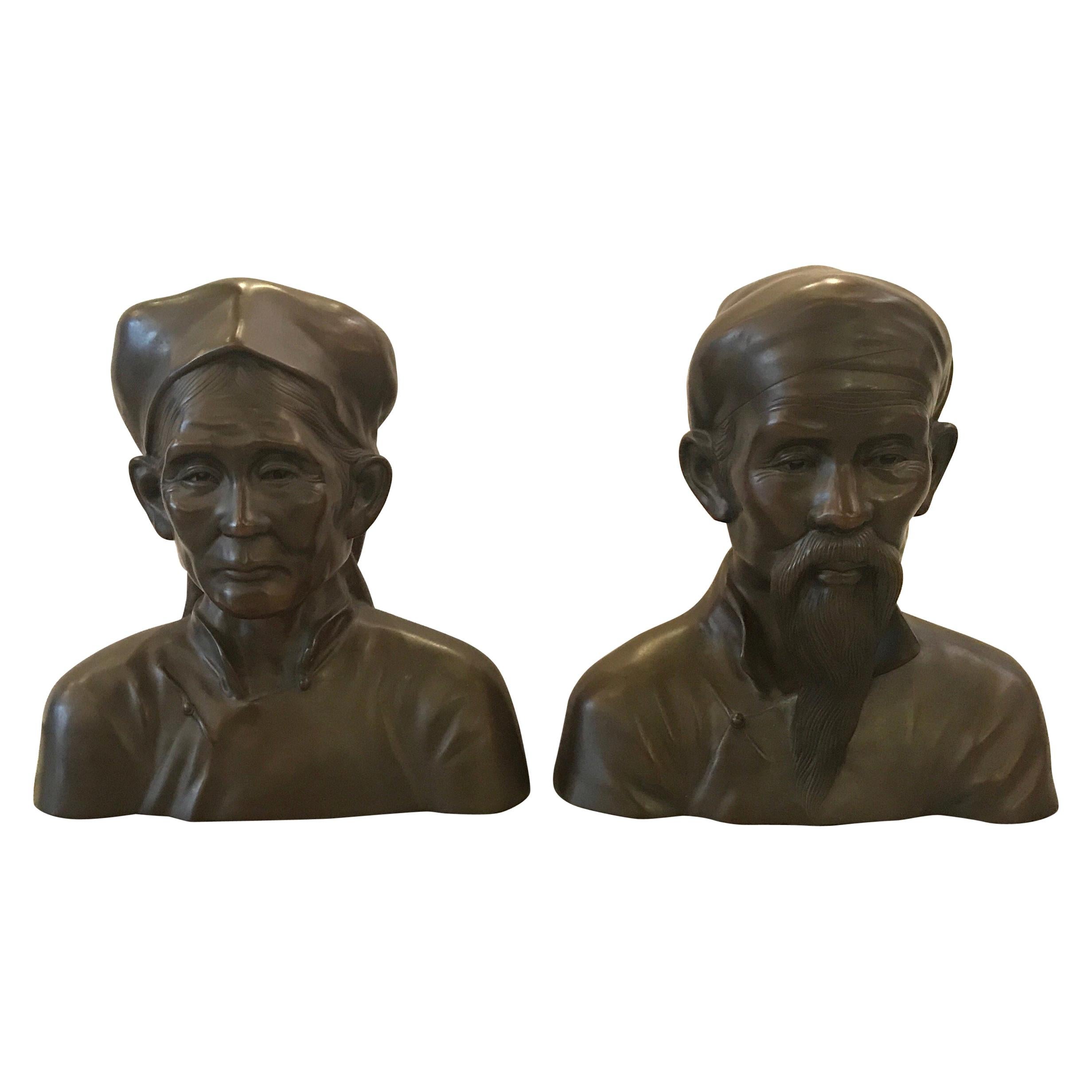 Pair of French Bronze Busts of an Elderly Chines Couple