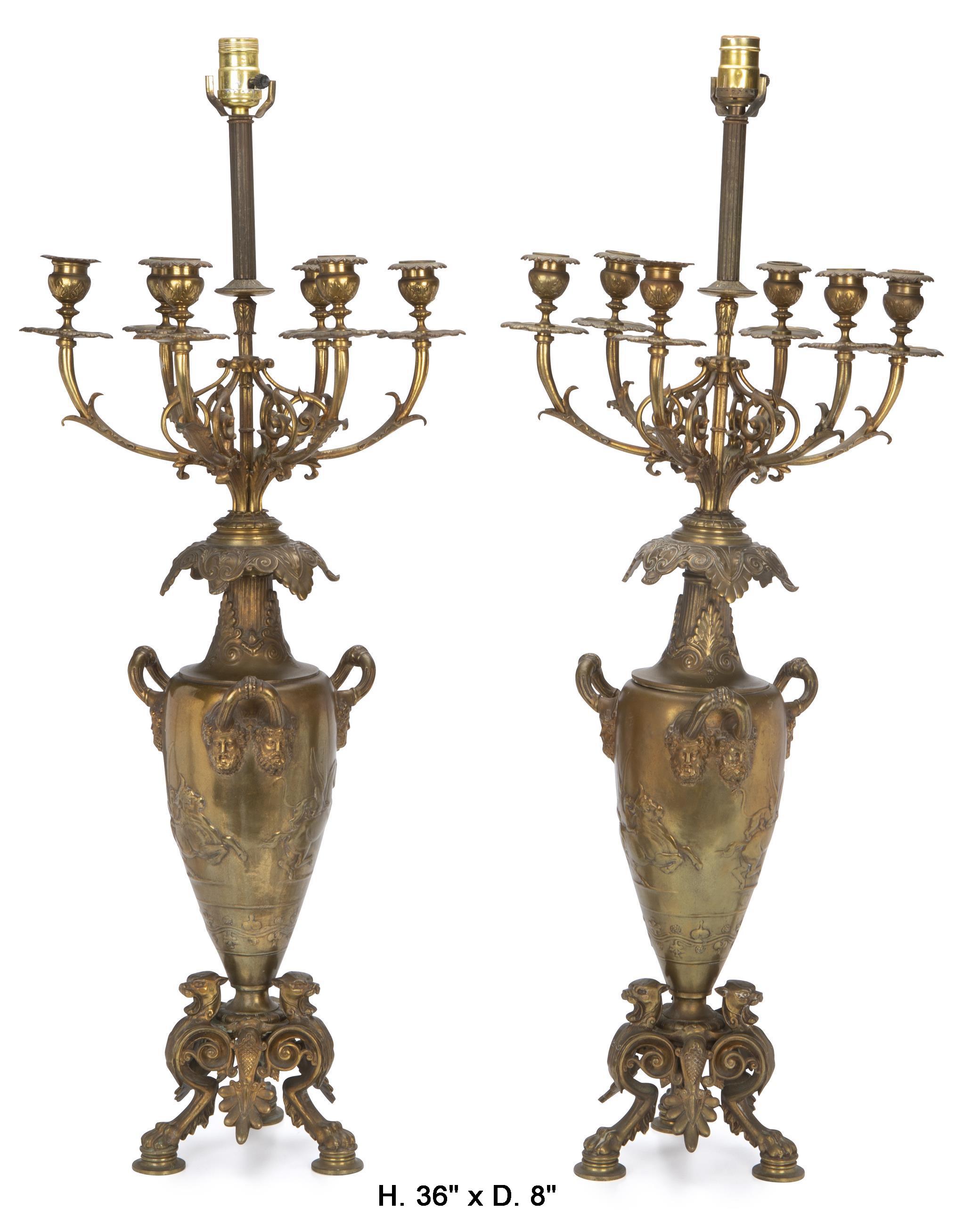 Pair of French Bronze Candelabra Lamps, Early 20th Century In Good Condition For Sale In Cypress, CA