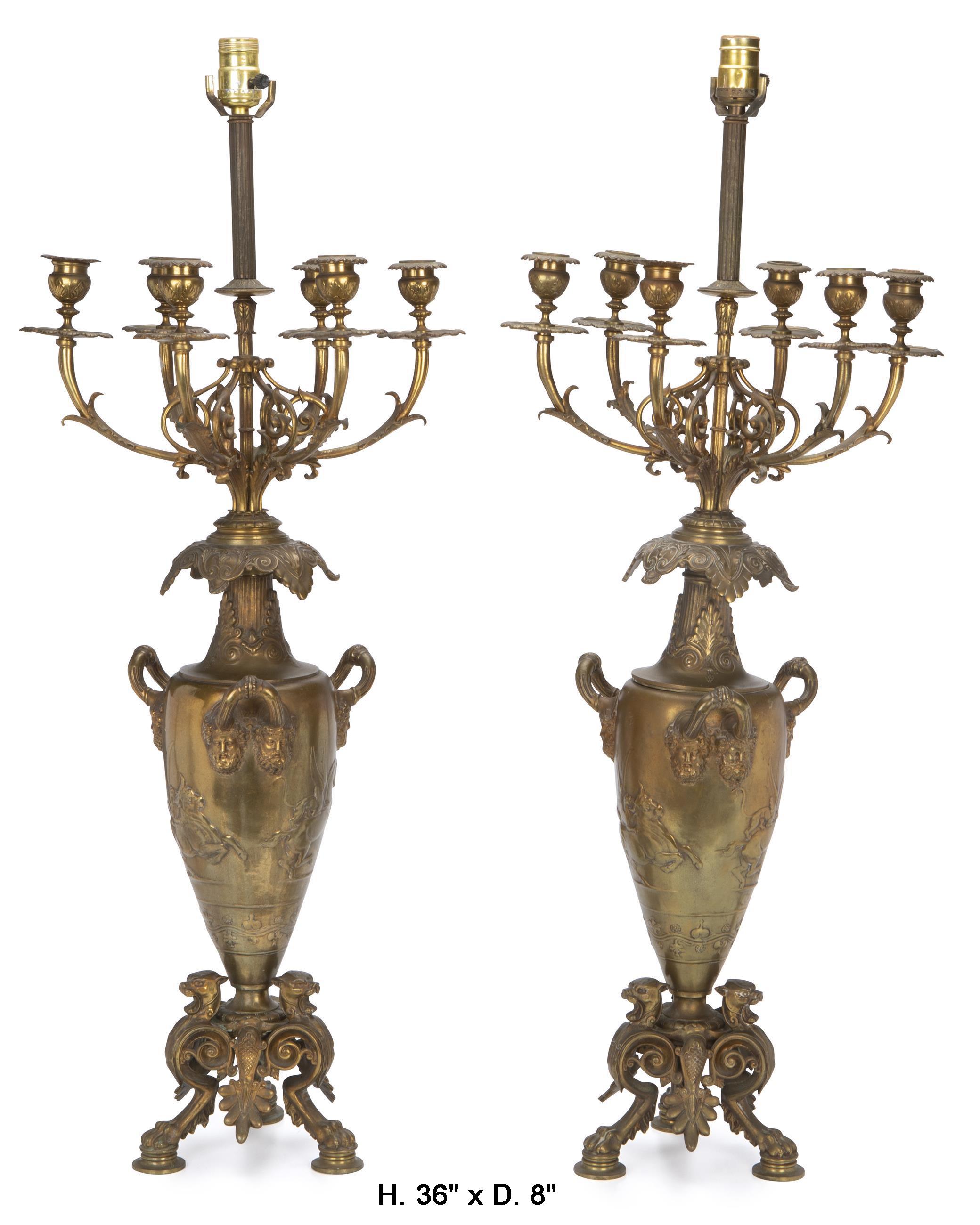 Pair of French Bronze Candelabra Lamps, Early 20th Century In Good Condition In Cypress, CA