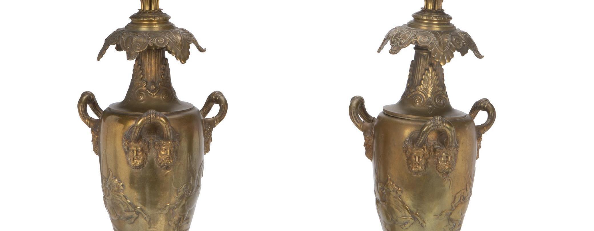 Pair of French Bronze Candelabra Lamps, Early 20th Century For Sale 1