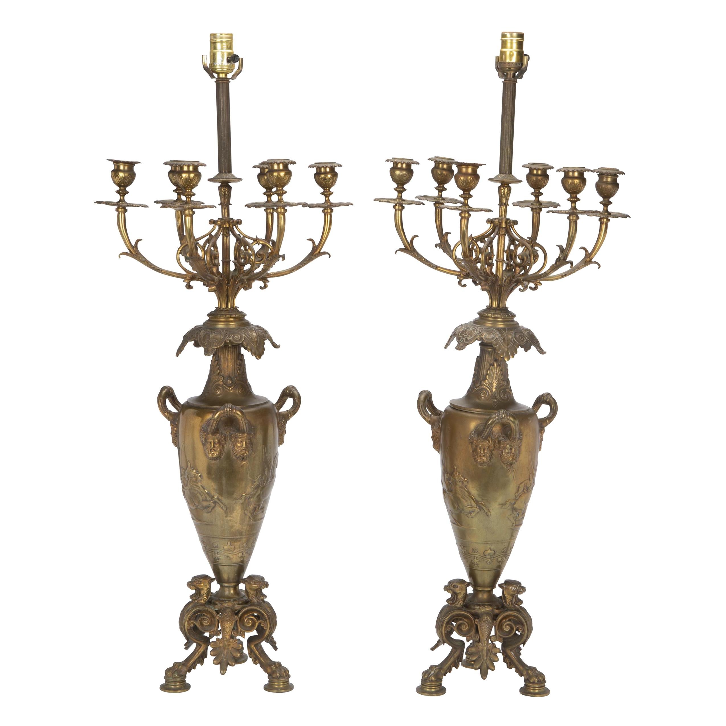 Pair of French Bronze Candelabra Lamps, Early 20th Century