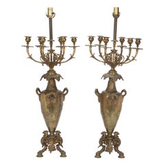 Pair of French Bronze Candelabra Lamps, Early 20th Century
