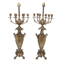 Antique Pair of French Bronze Candelabra Lamps, Early 20th Century