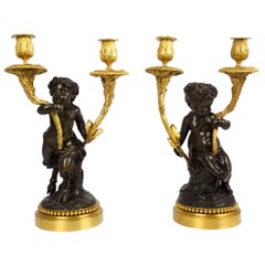 Pair of French Bronze Candelabra with Bacchus & Satyr after Clodion, circa 1880