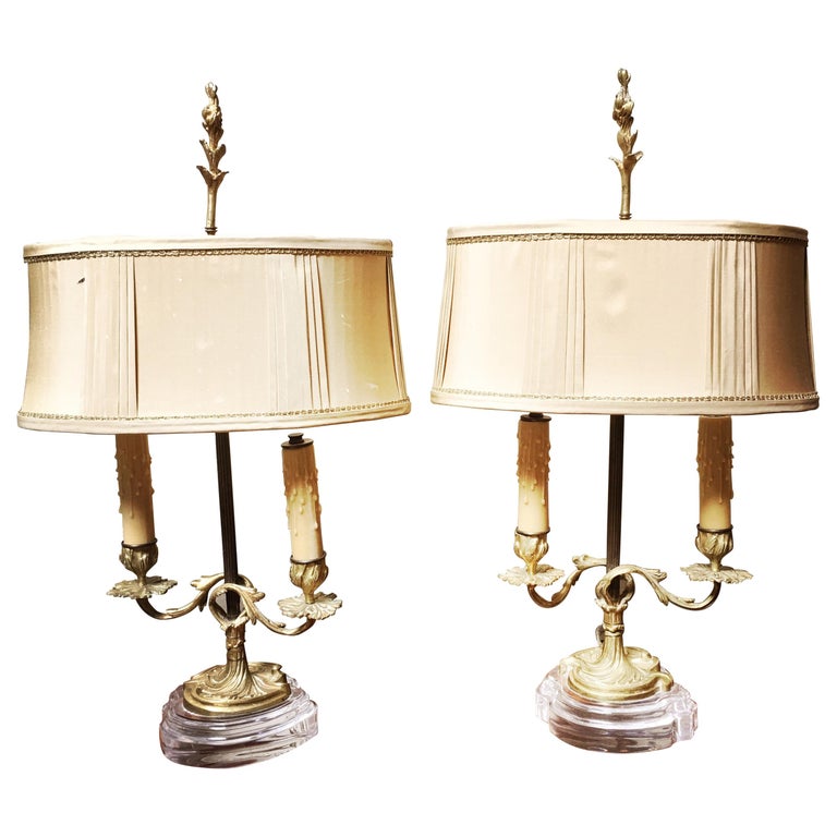 Pair of French Bronze Candlestick Lamp Bases with Acrylic Bases For