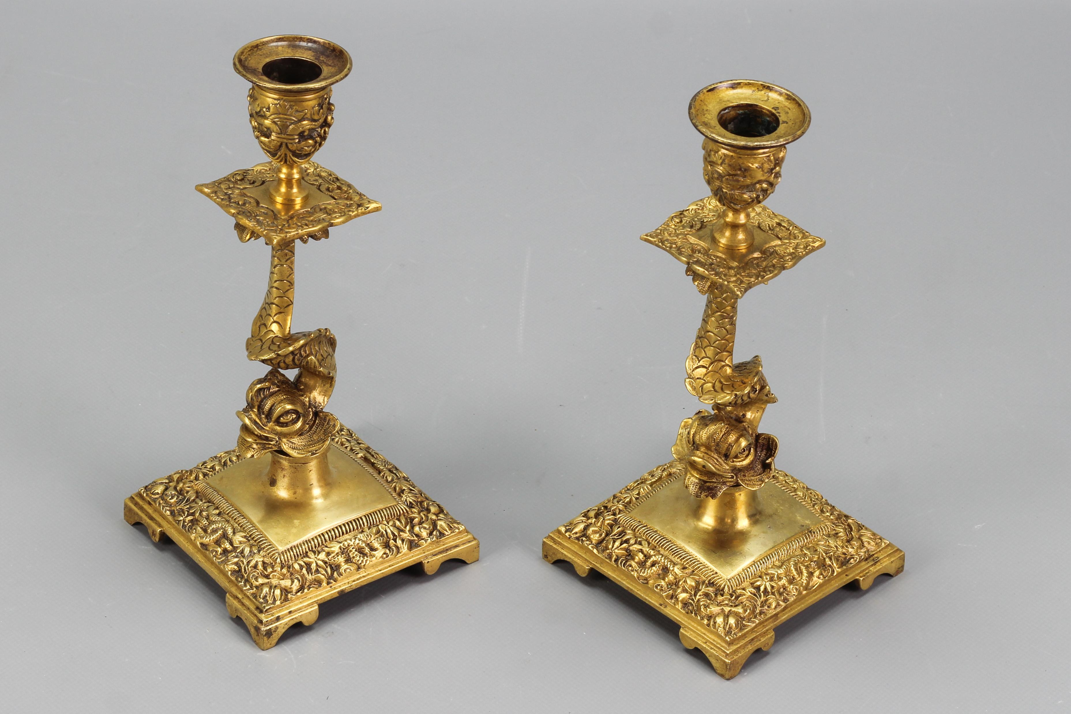 Pair of French Bronze Candlesticks with Dolphin Figures For Sale 5