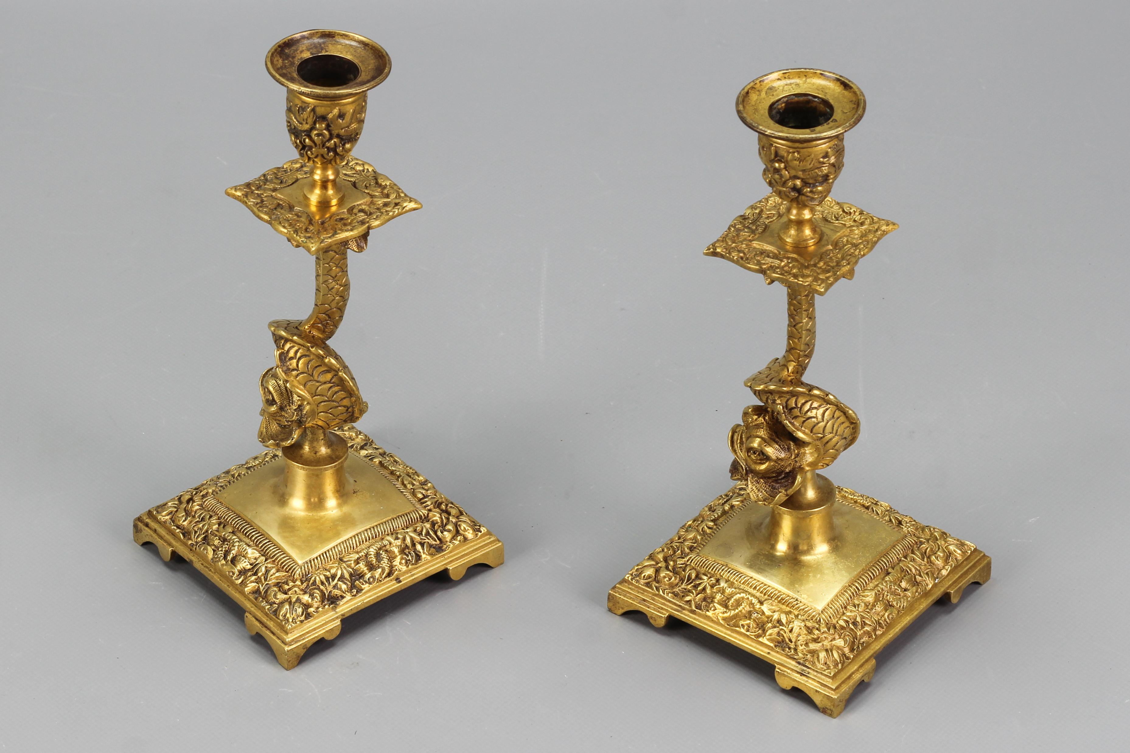 Pair of French Bronze Candlesticks with Dolphin Figures For Sale 6