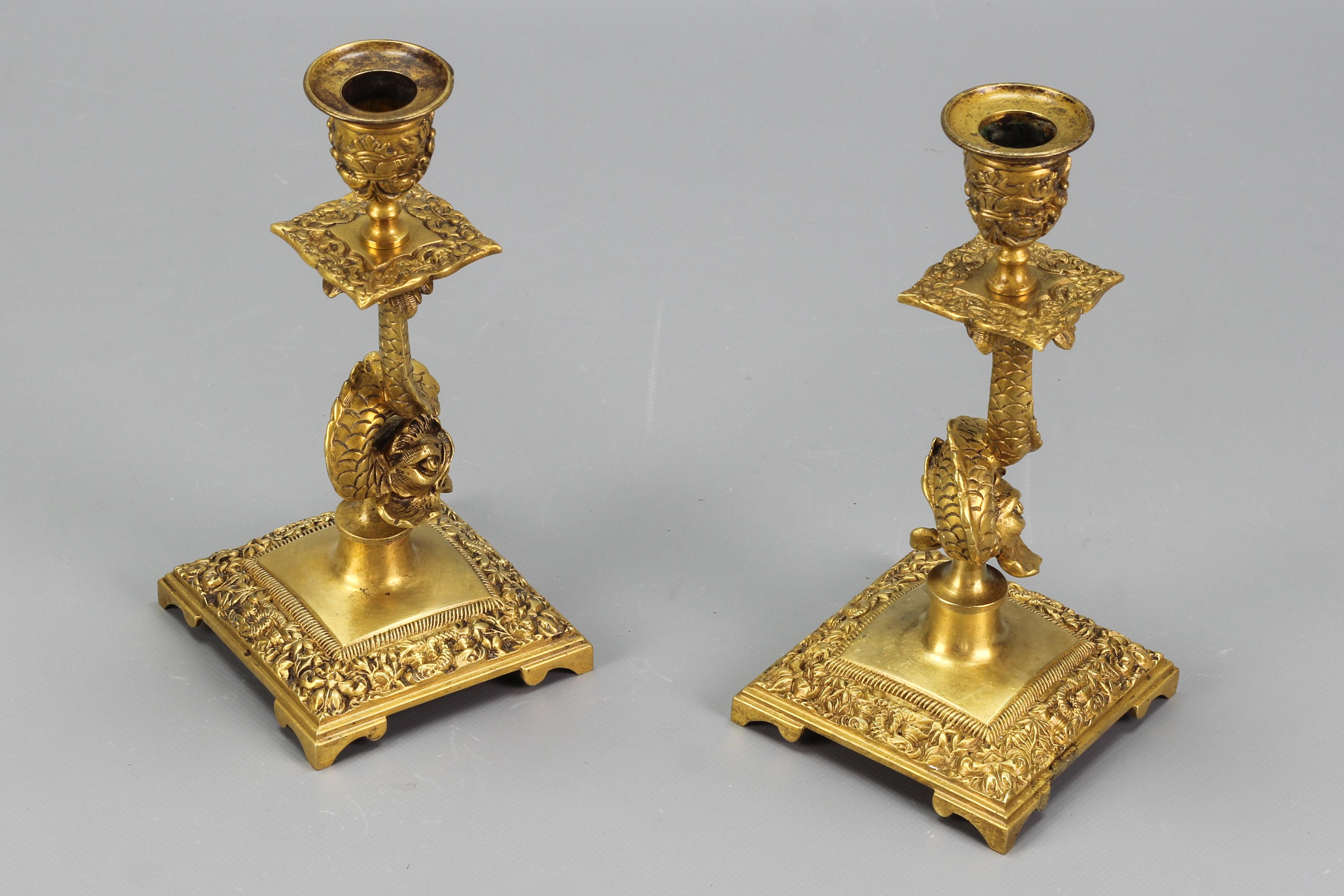 Pair of French Bronze Candlesticks with Dolphin Figures For Sale 7