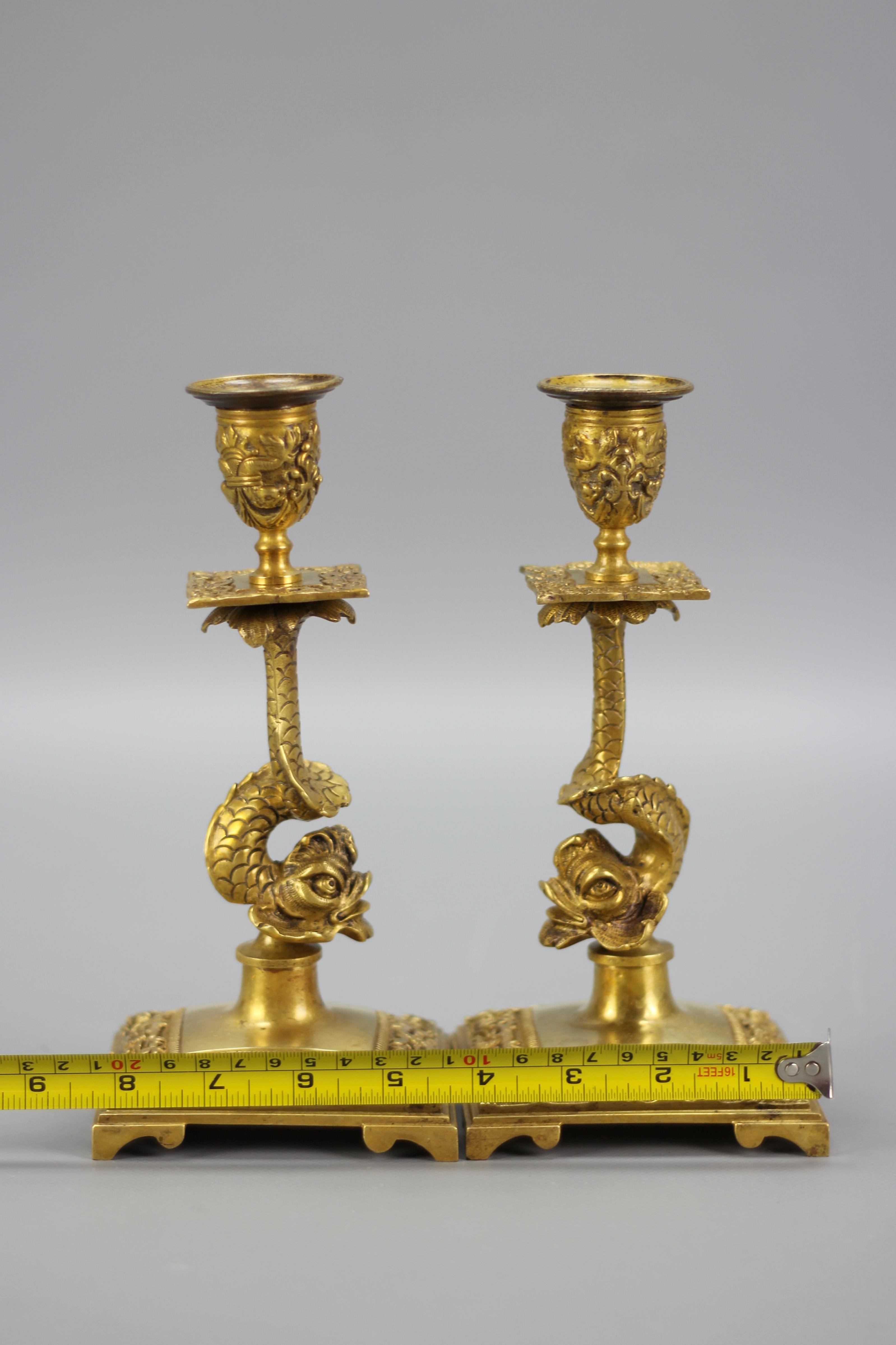 Pair of French Bronze Candlesticks with Dolphin Figures For Sale 12