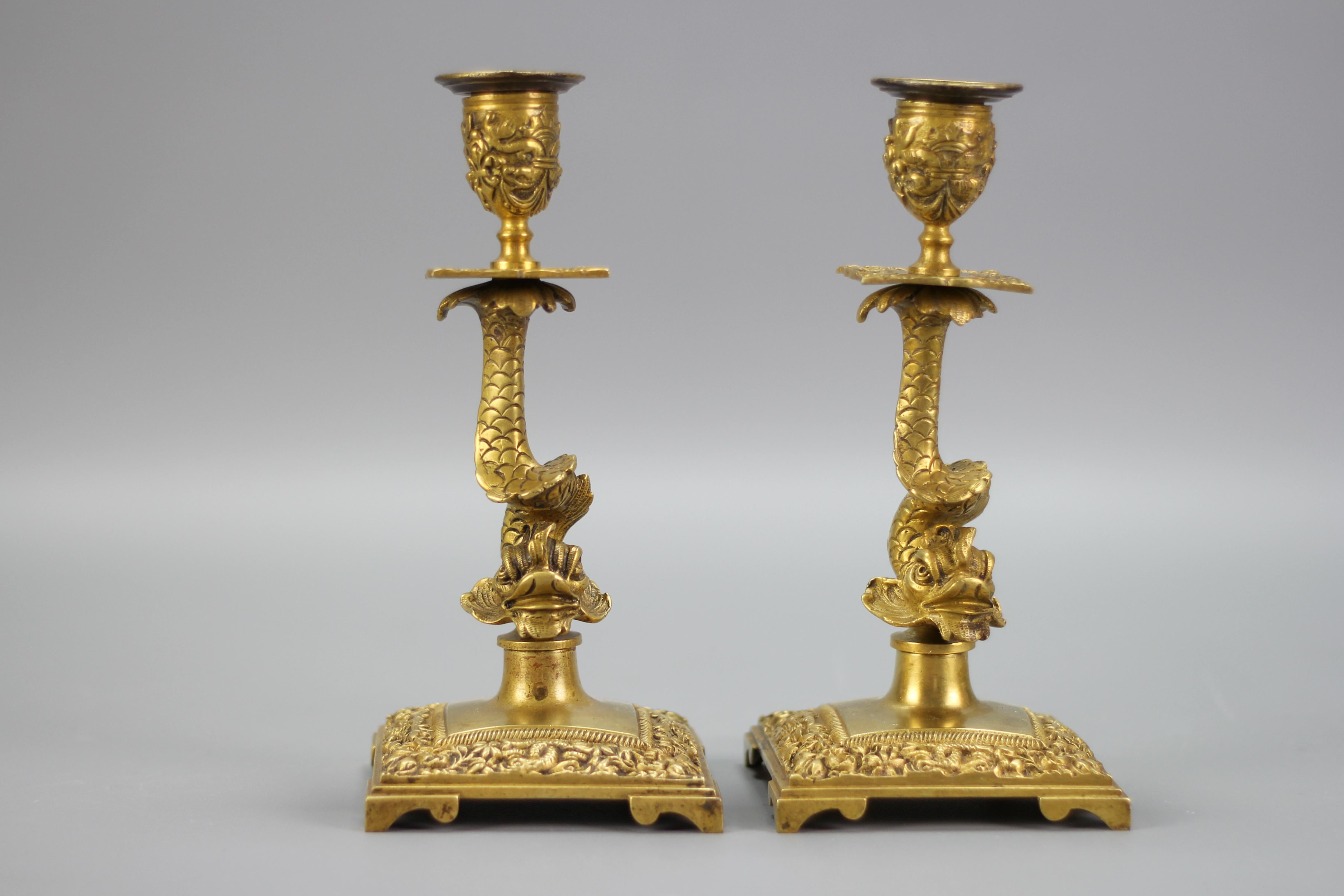 Pair of French Bronze Candlesticks with Dolphin Figures For Sale 15