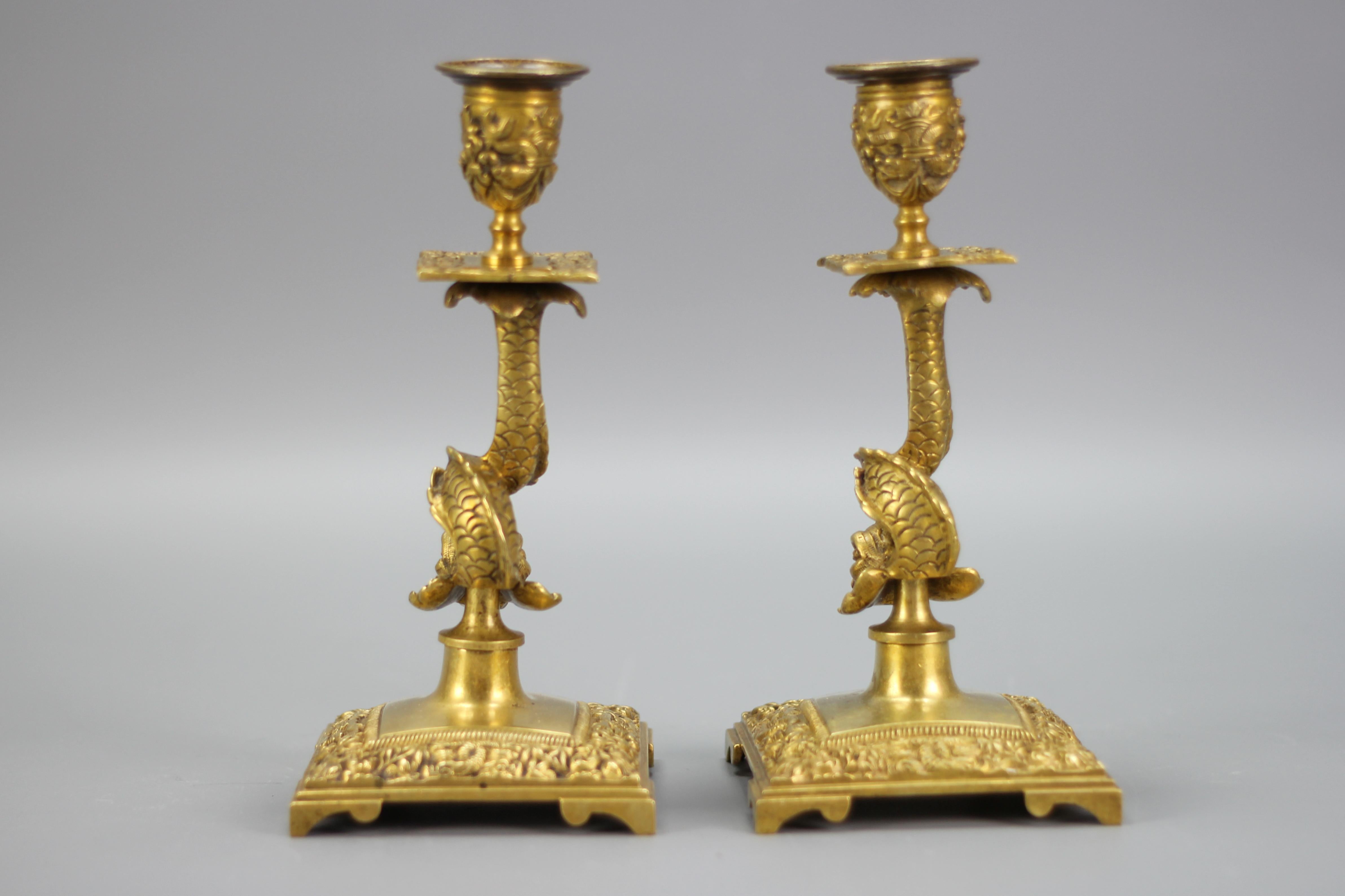 Renaissance Pair of French Bronze Candlesticks with Dolphin Figures For Sale
