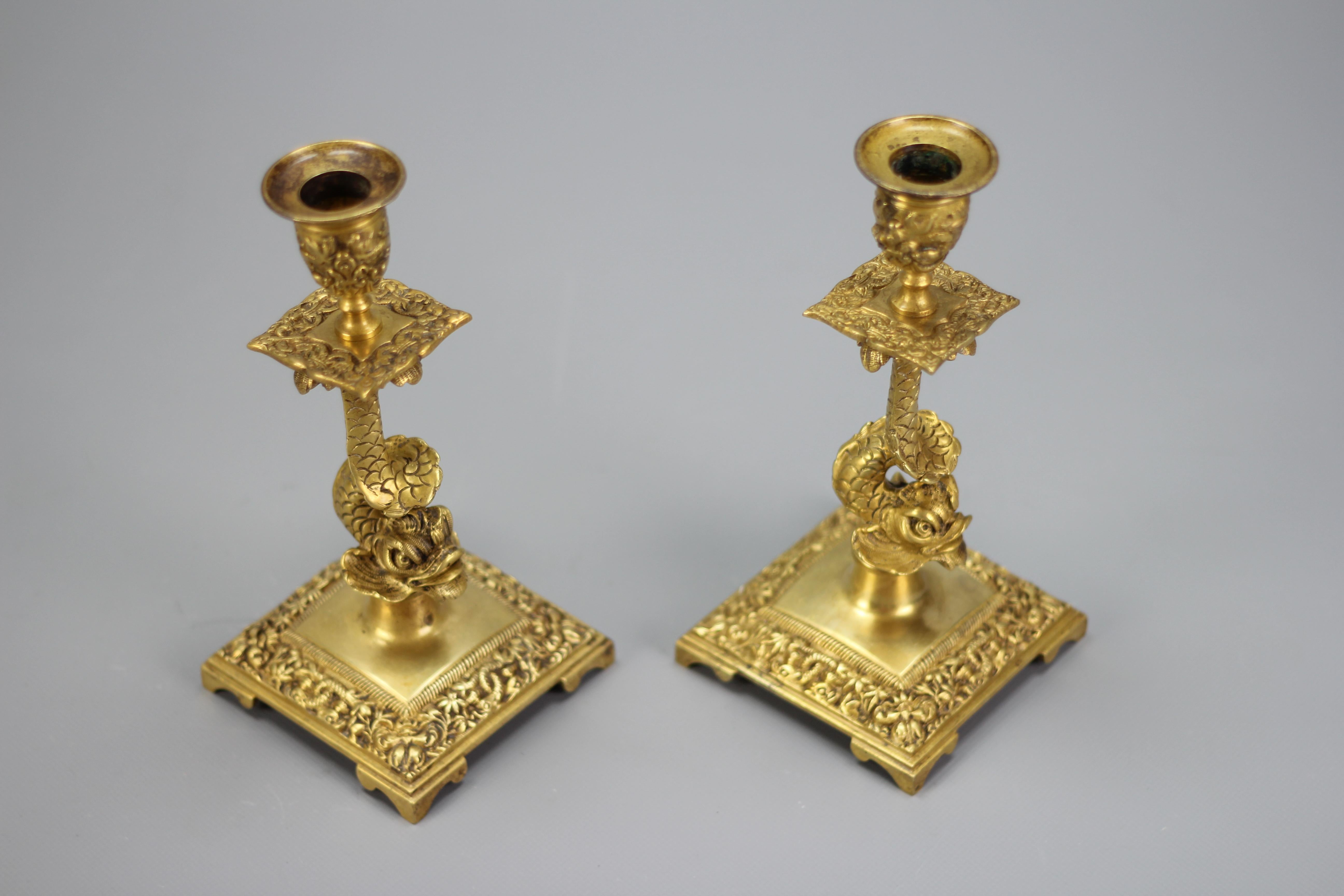 Pair of French Bronze Candlesticks with Dolphin Figures For Sale 1