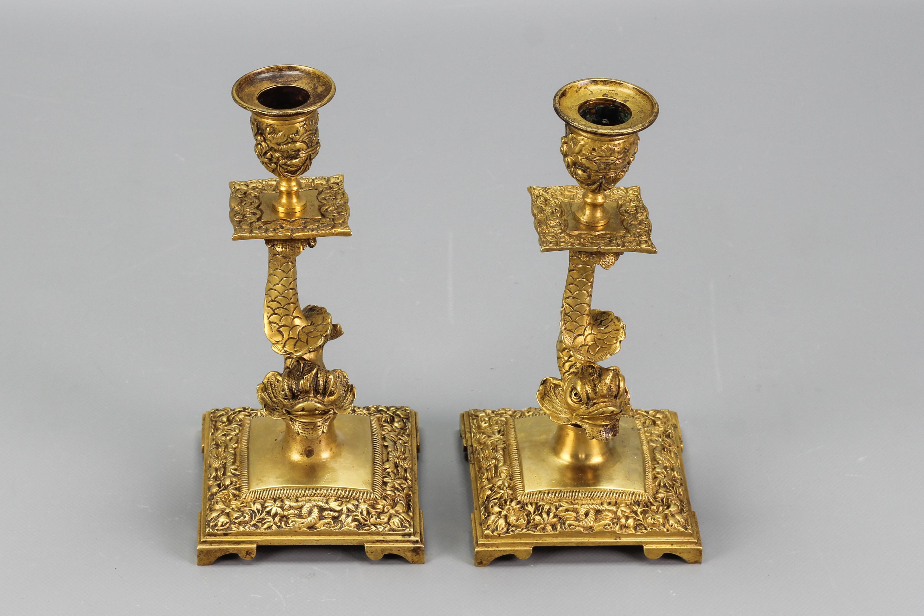 Pair of French Bronze Candlesticks with Dolphin Figures For Sale 4