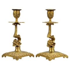 Vintage Pair of French Bronze Candlesticks with Dolphin Figures