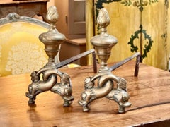 Pair of French Bronze chenets “Aux Dauphins” c. 1780, dolphin form andirons