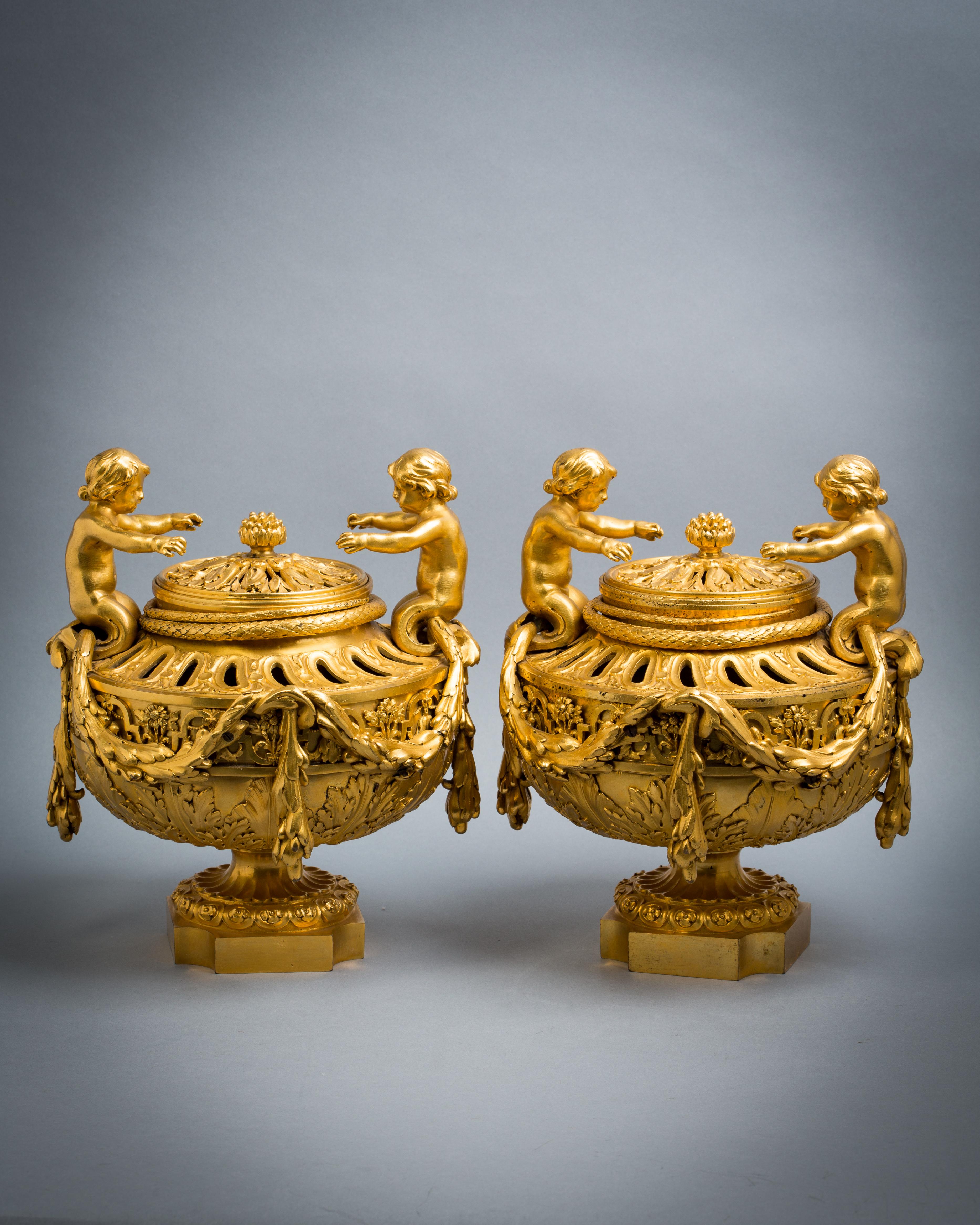 Mid-19th Century Pair of French Bronze Covered Potpourri Urns, circa 1840