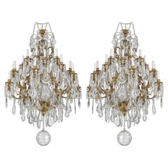 Pair of French Bronze & Cut Crystal Chandeliers, Early 20th Century.