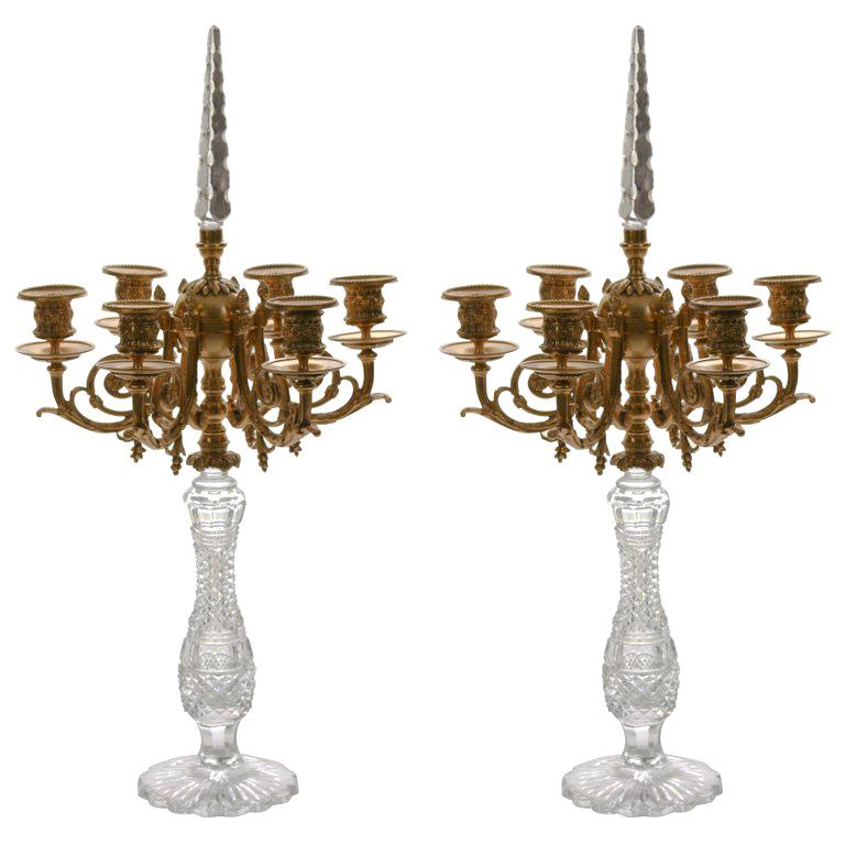 Pair of French Bronze D'ore and Cut Crystal Candelabra For Sale