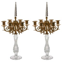 Pair of French Bronze D'ore and Cut Crystal Candelabra