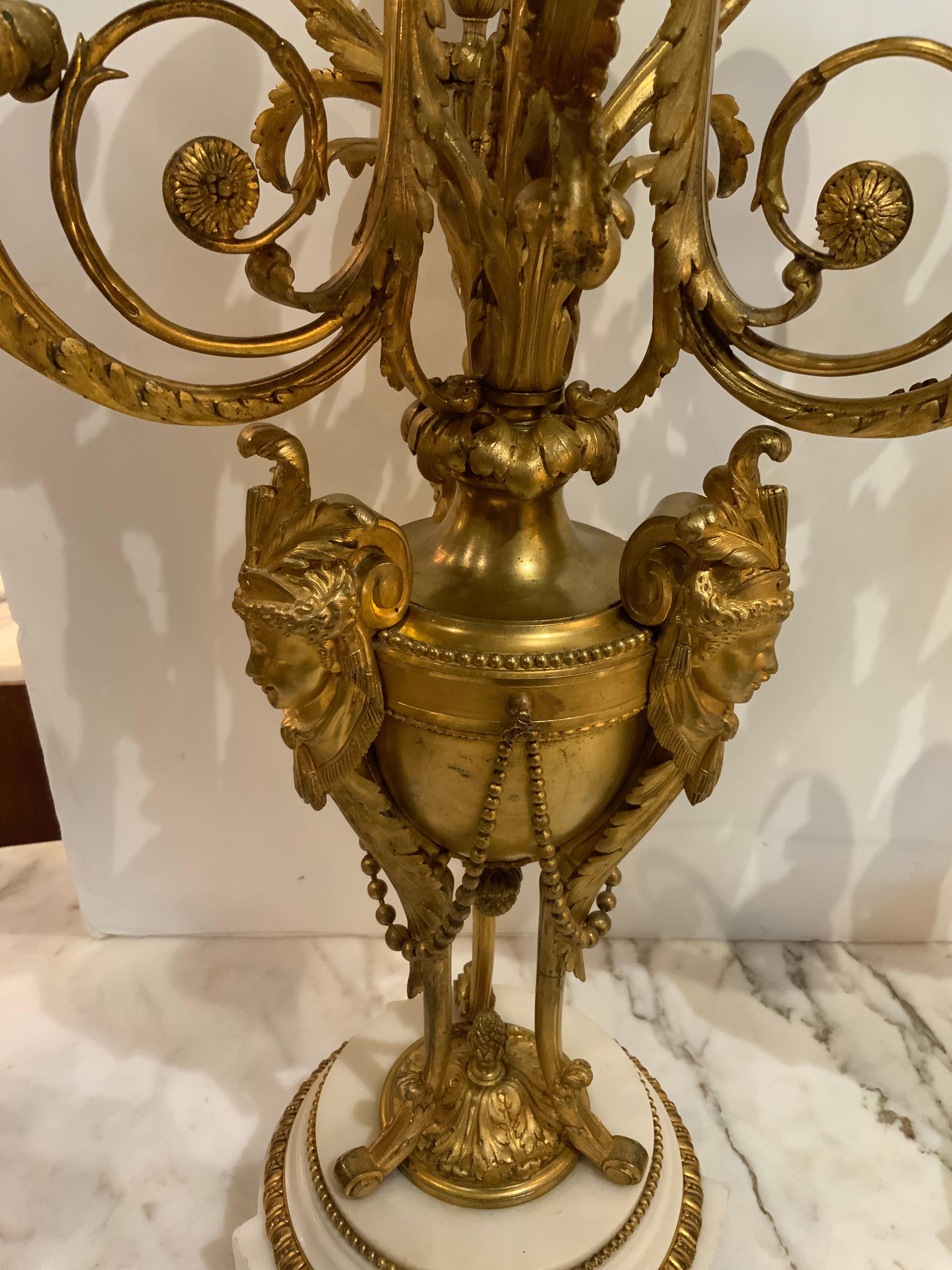 Pair of French Bronze Dore and Marble Seven Light Candleabrum, 19th Century In Good Condition For Sale In Houston, TX