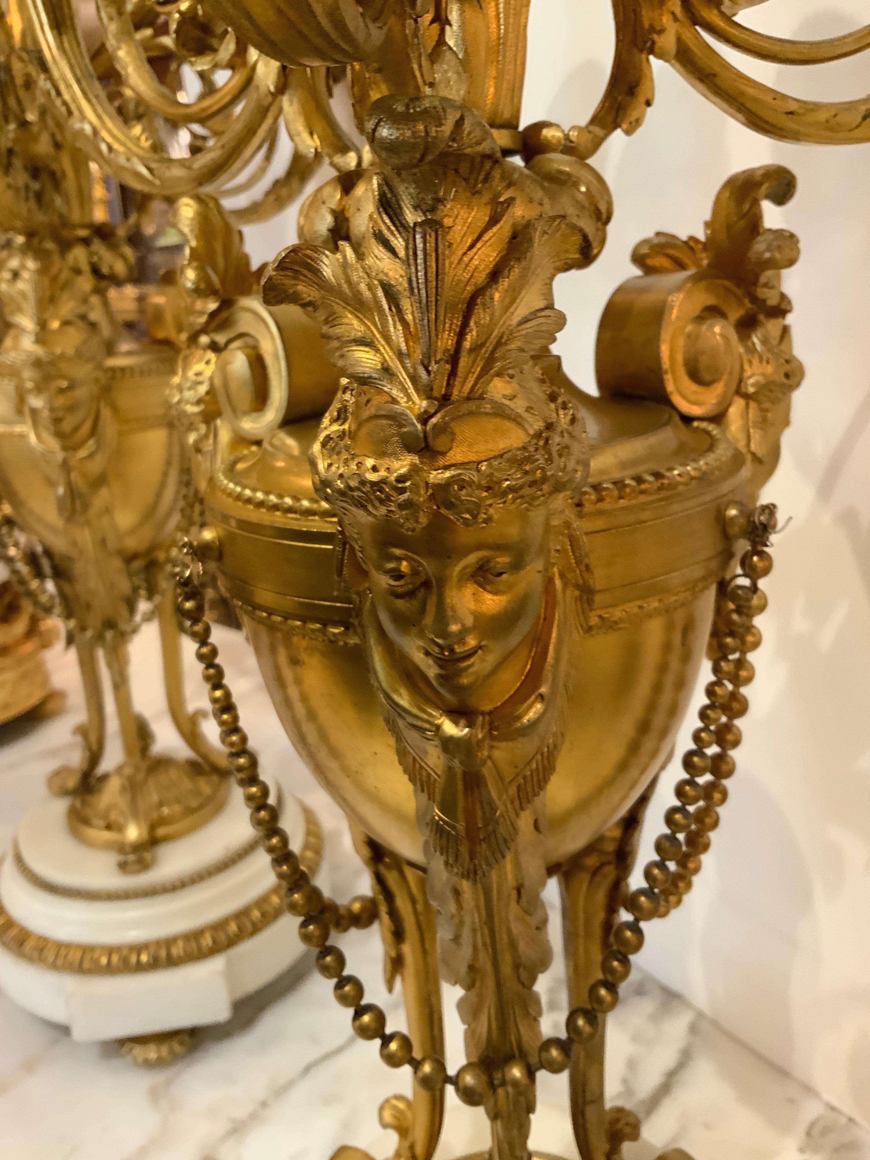 Pair of French Bronze Dore and Marble Seven Light Candleabrum, 19th Century For Sale 1