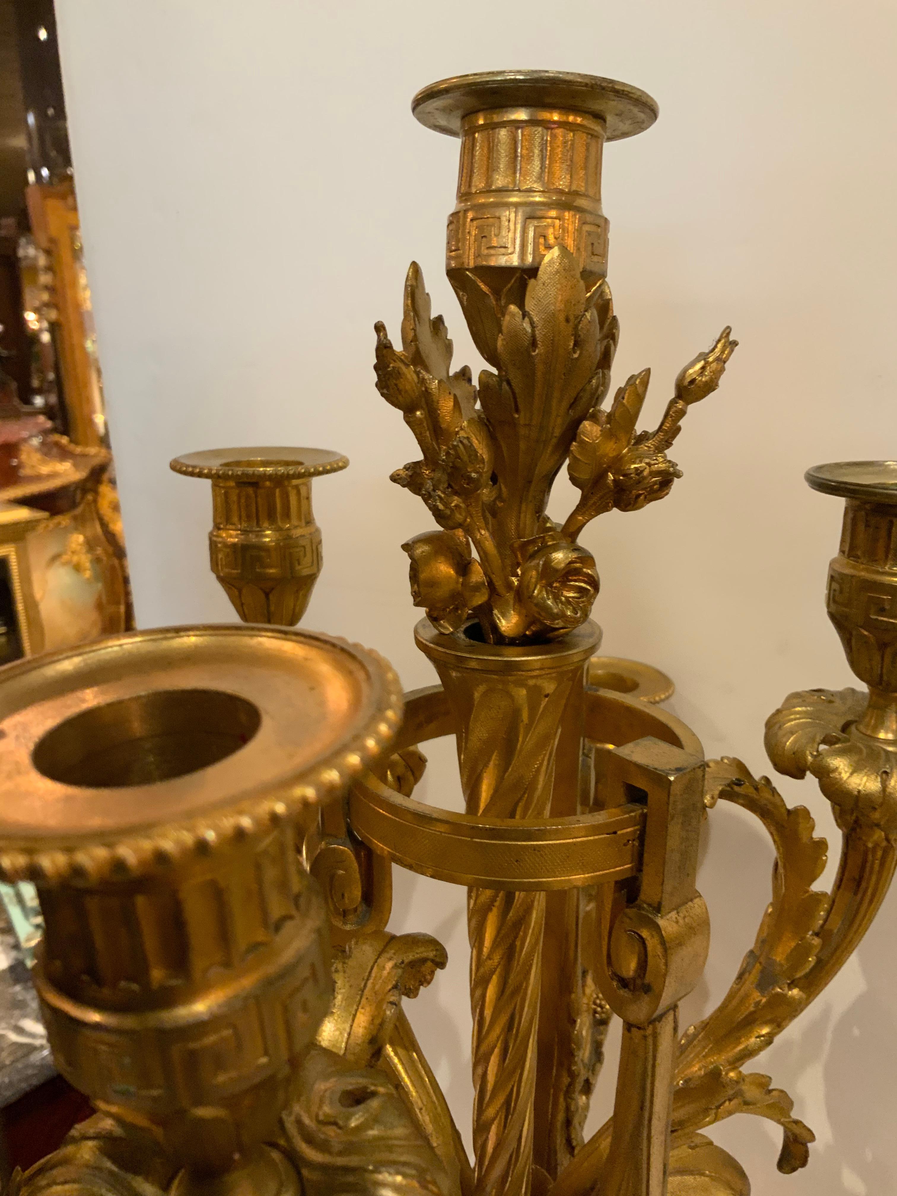 Pair of French Bronze Dore and Marble Seven Light Candleabrum, 19th Century For Sale 3