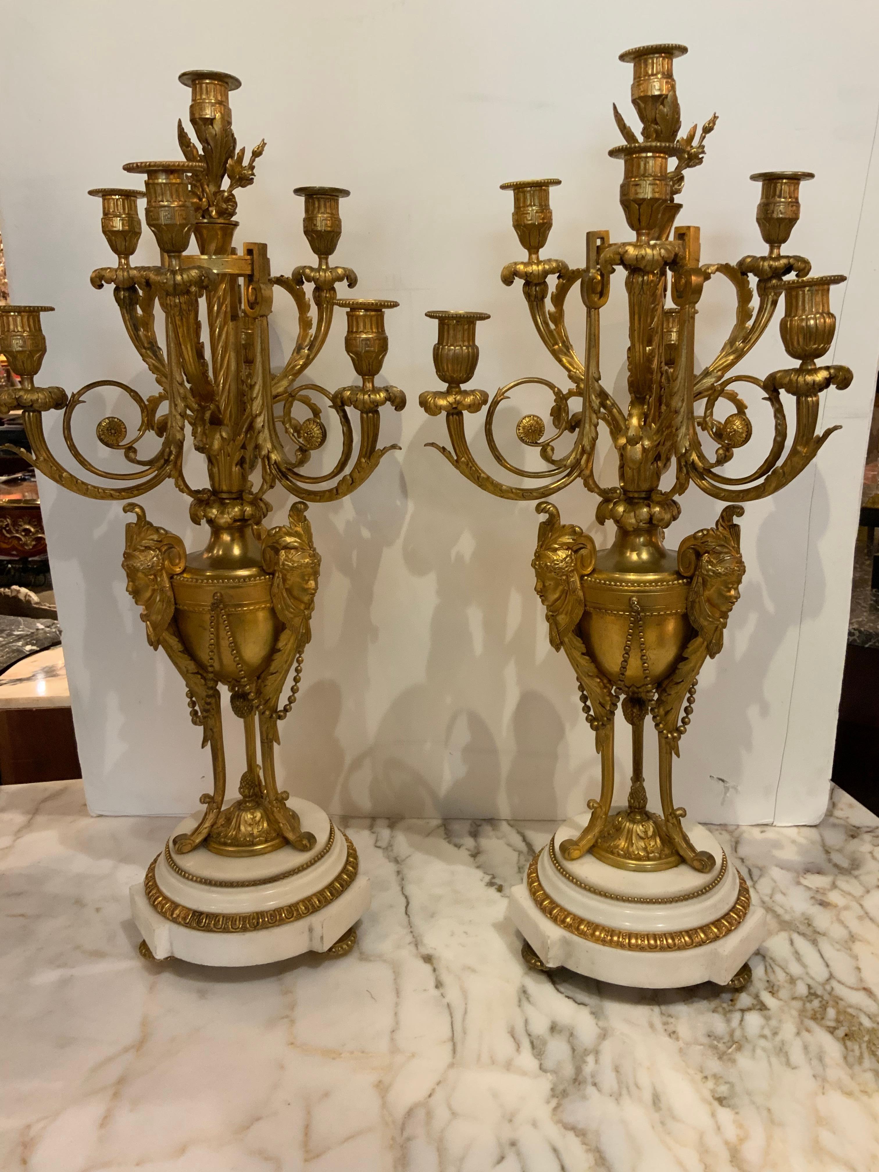 Pair of French Bronze Dore and Marble Seven Light Candleabrum, 19th Century For Sale 4